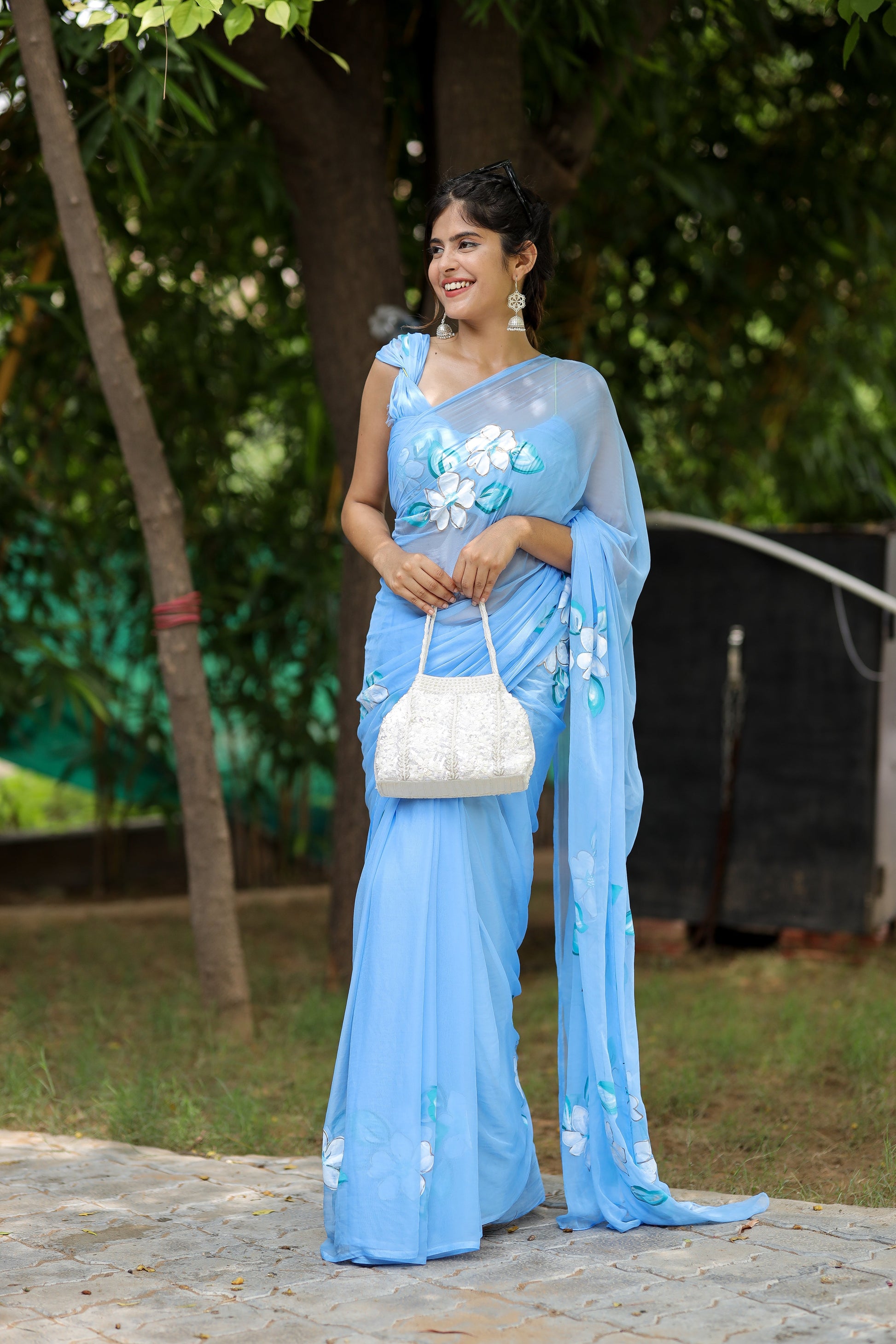 Captivating Blue Handpainted Chiffon Saree Floral