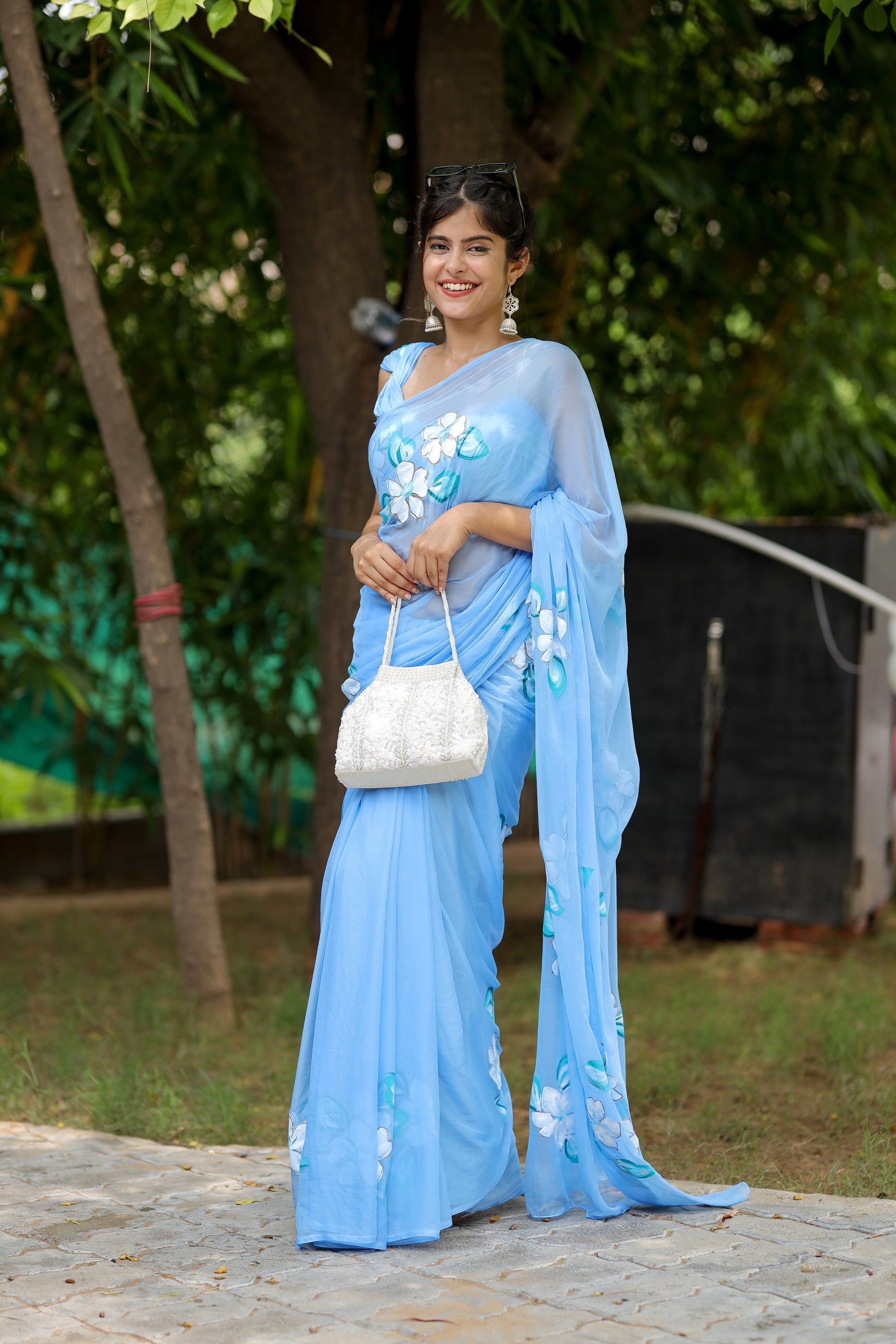 Captivating Blue Handpainted Chiffon Saree Floral