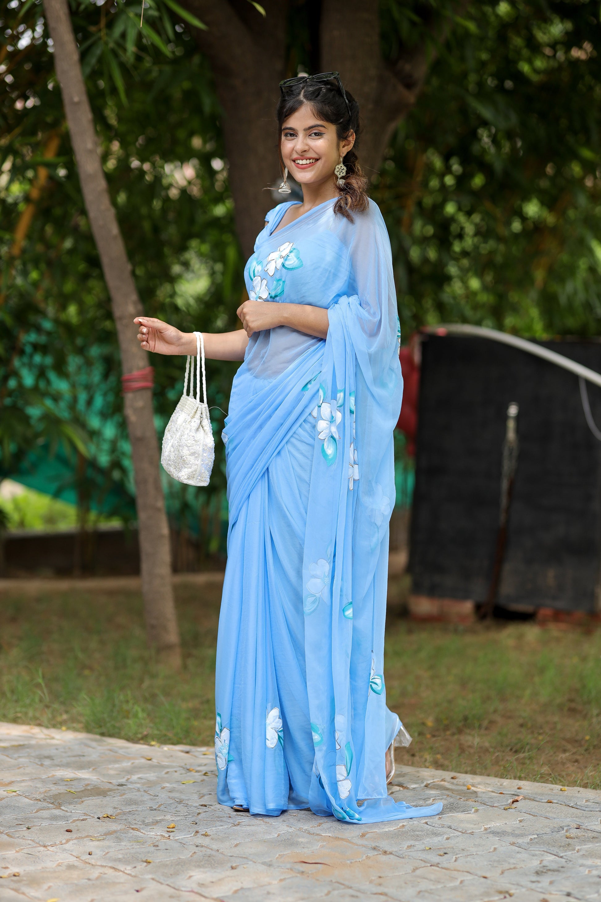 Captivating Blue Handpainted Chiffon Saree Floral