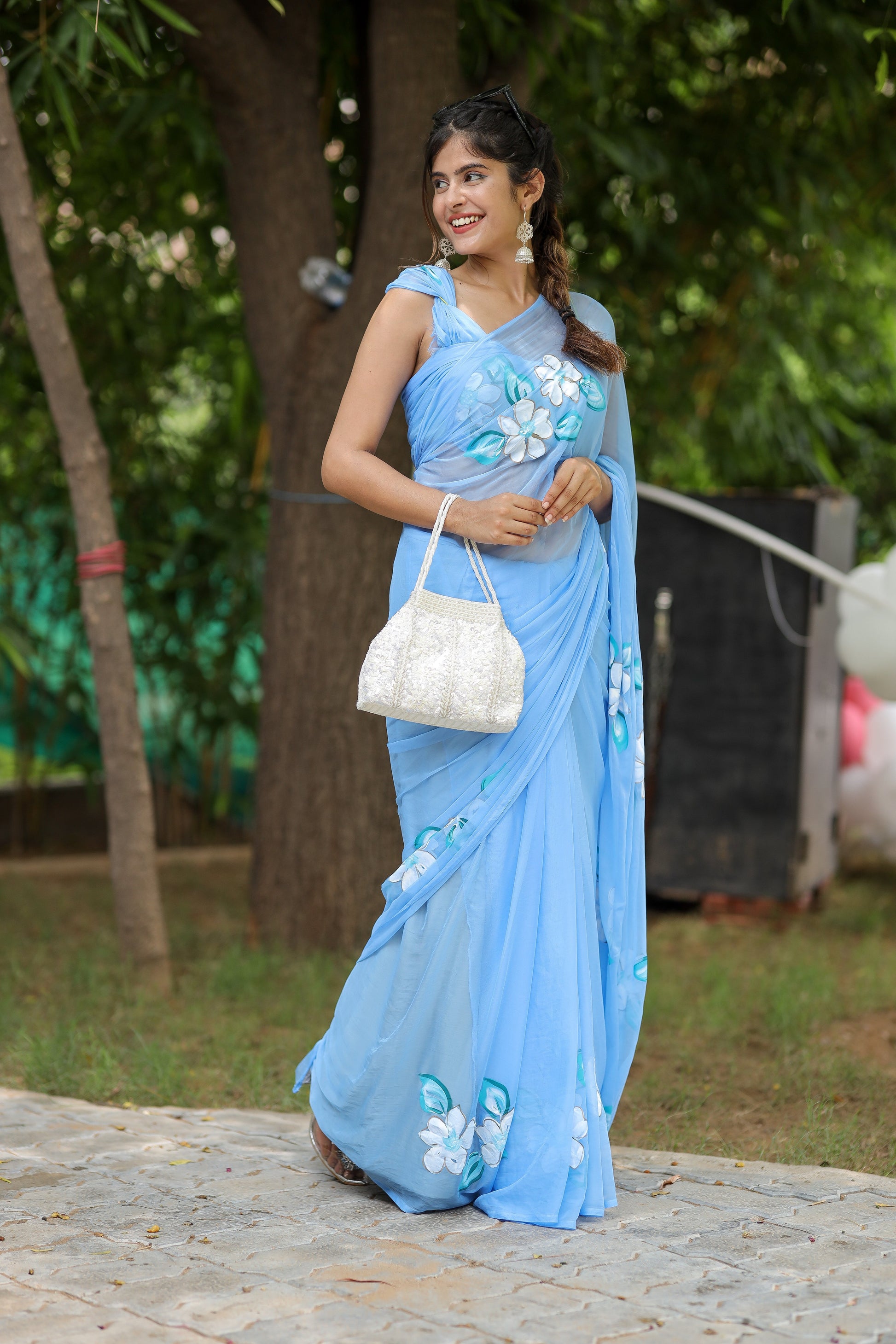 Captivating Blue Handpainted Chiffon Saree Floral