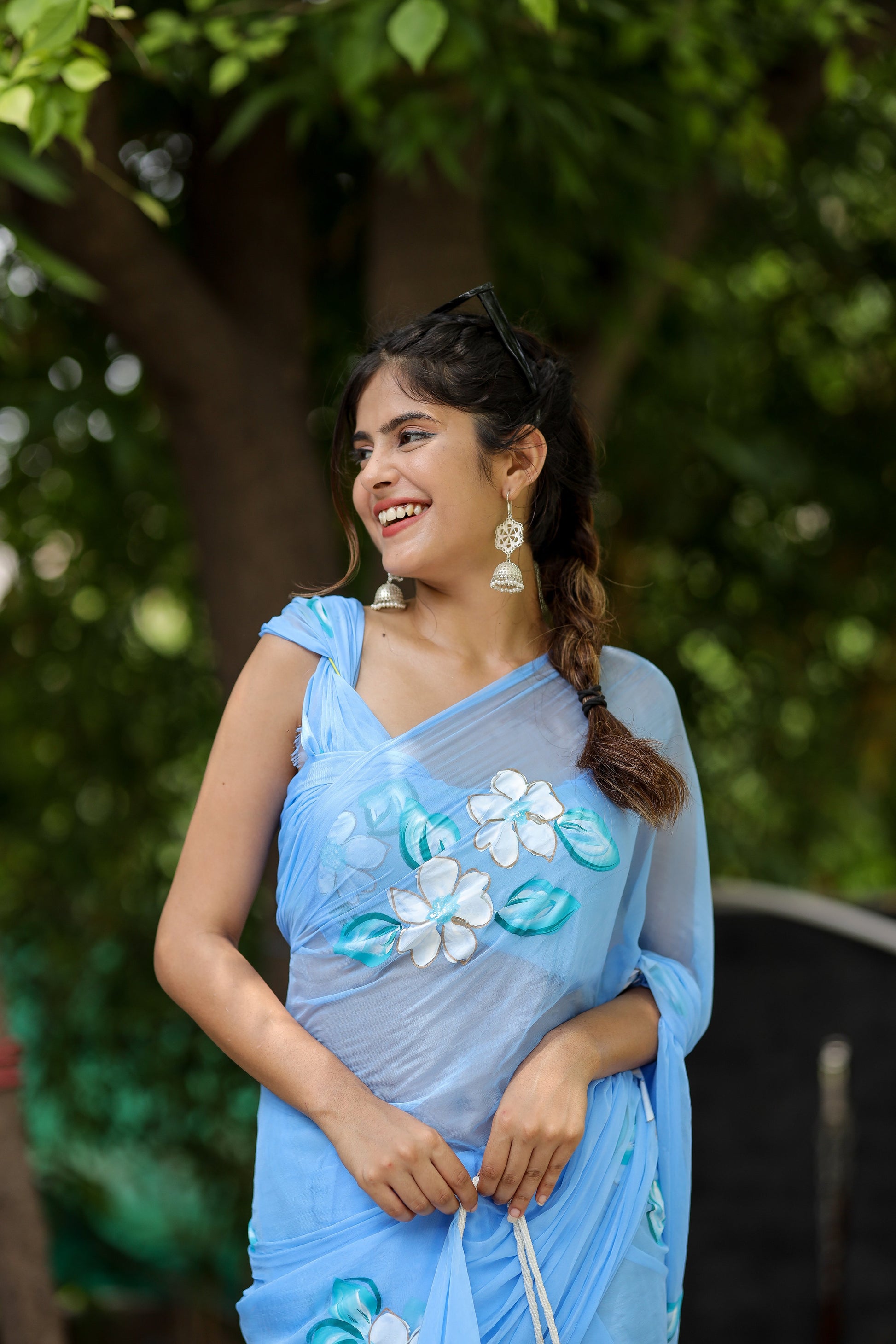 Captivating Blue Handpainted Chiffon Saree Floral