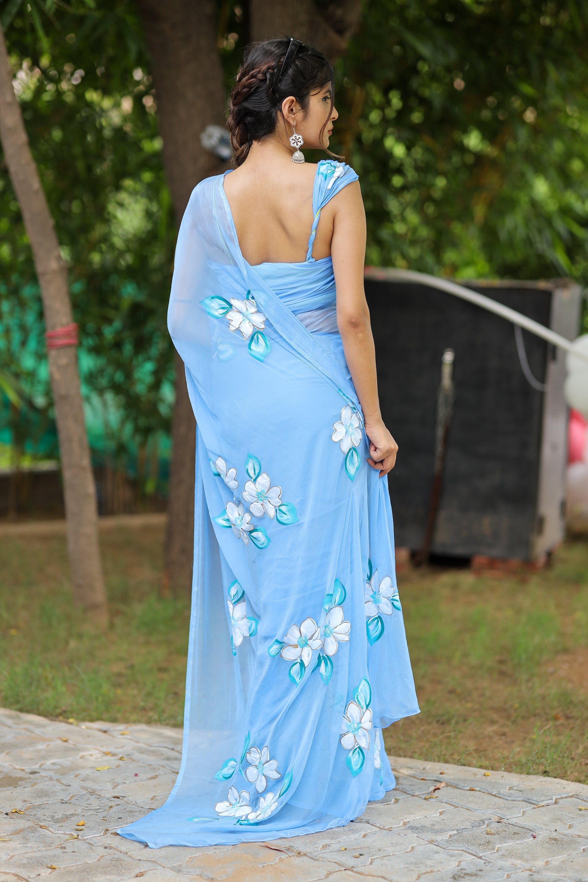 Captivating Blue Handpainted Chiffon Saree Floral
