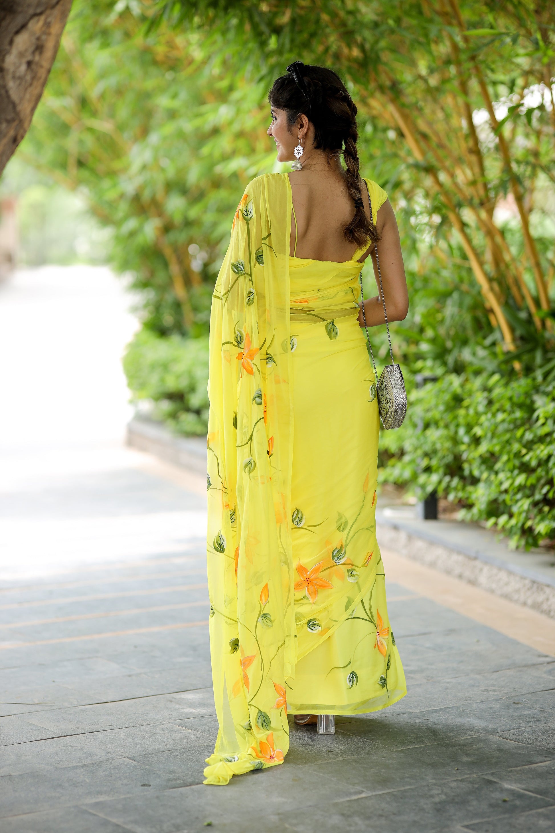Vibrant Yellow Handpainted Chiffon Saree Floral