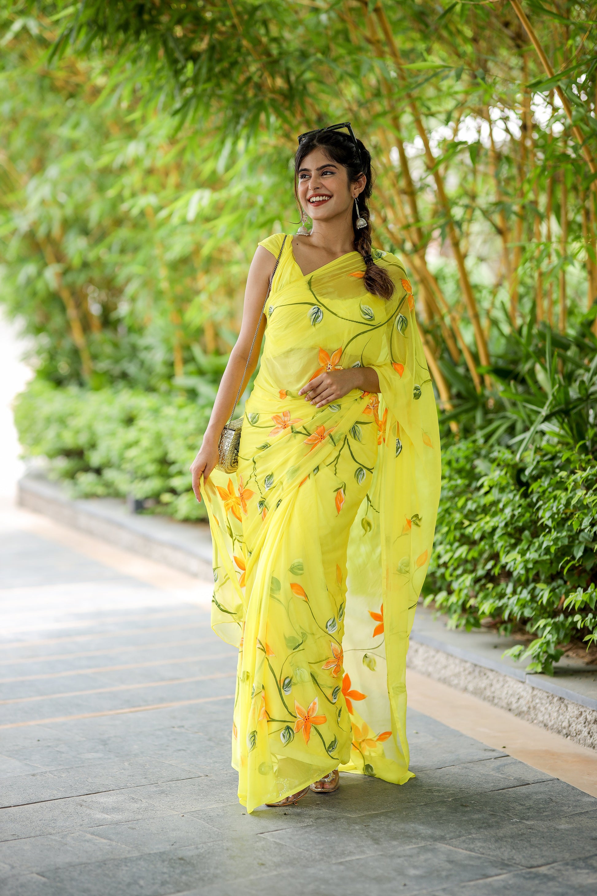 Vibrant Yellow Handpainted Chiffon Saree Floral