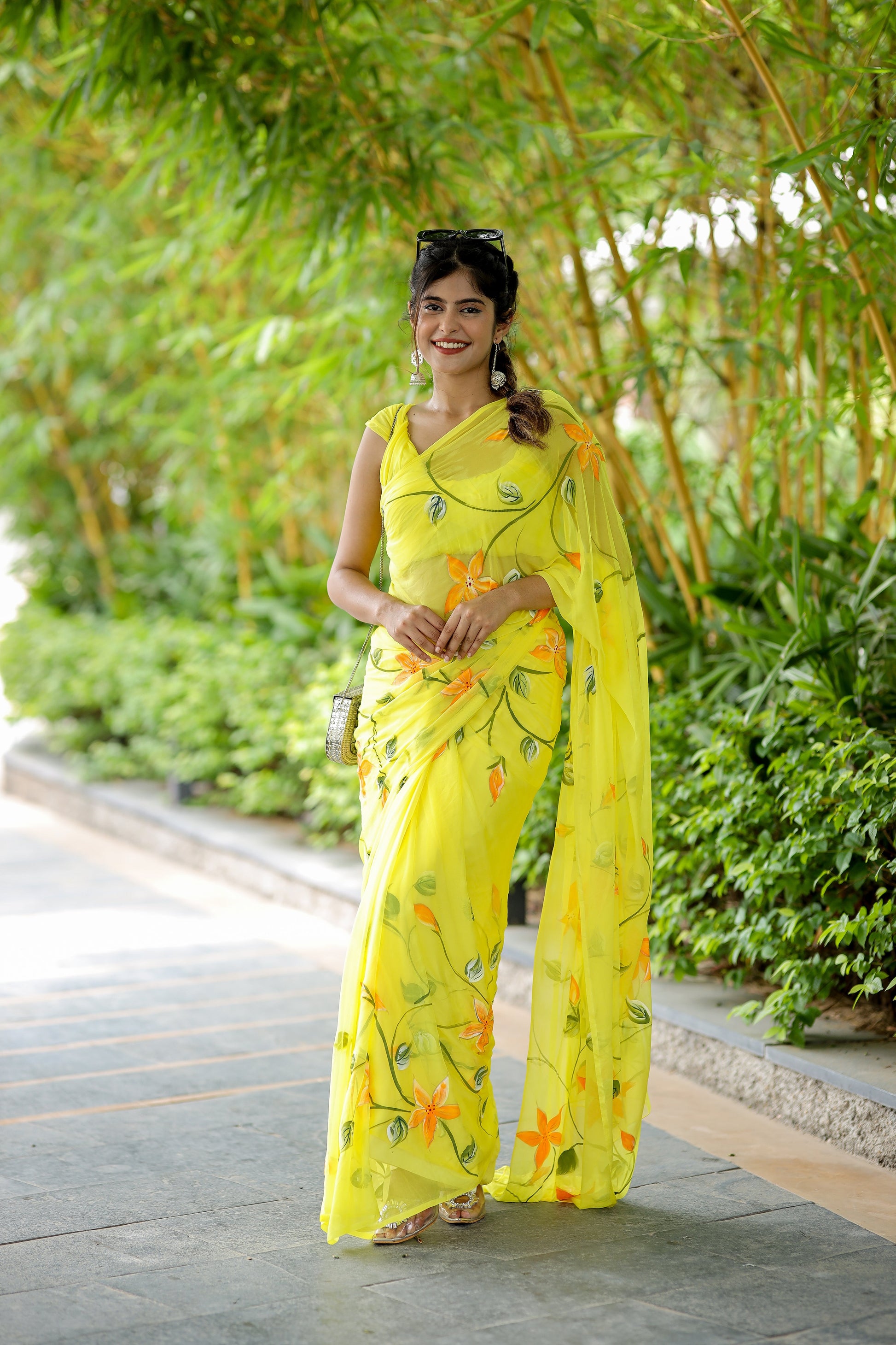Vibrant Yellow Handpainted Chiffon Saree Floral