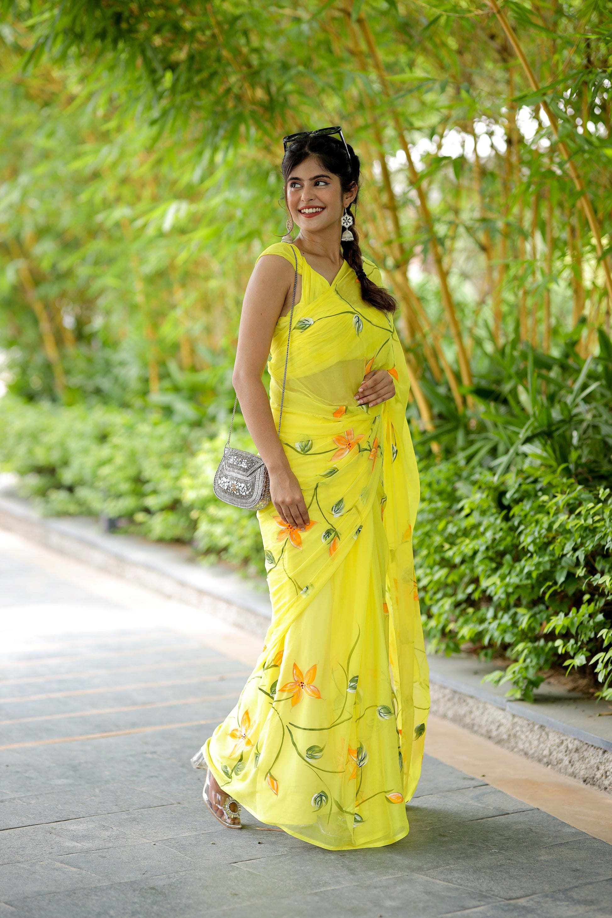 Vibrant Yellow Handpainted Chiffon Saree Floral
