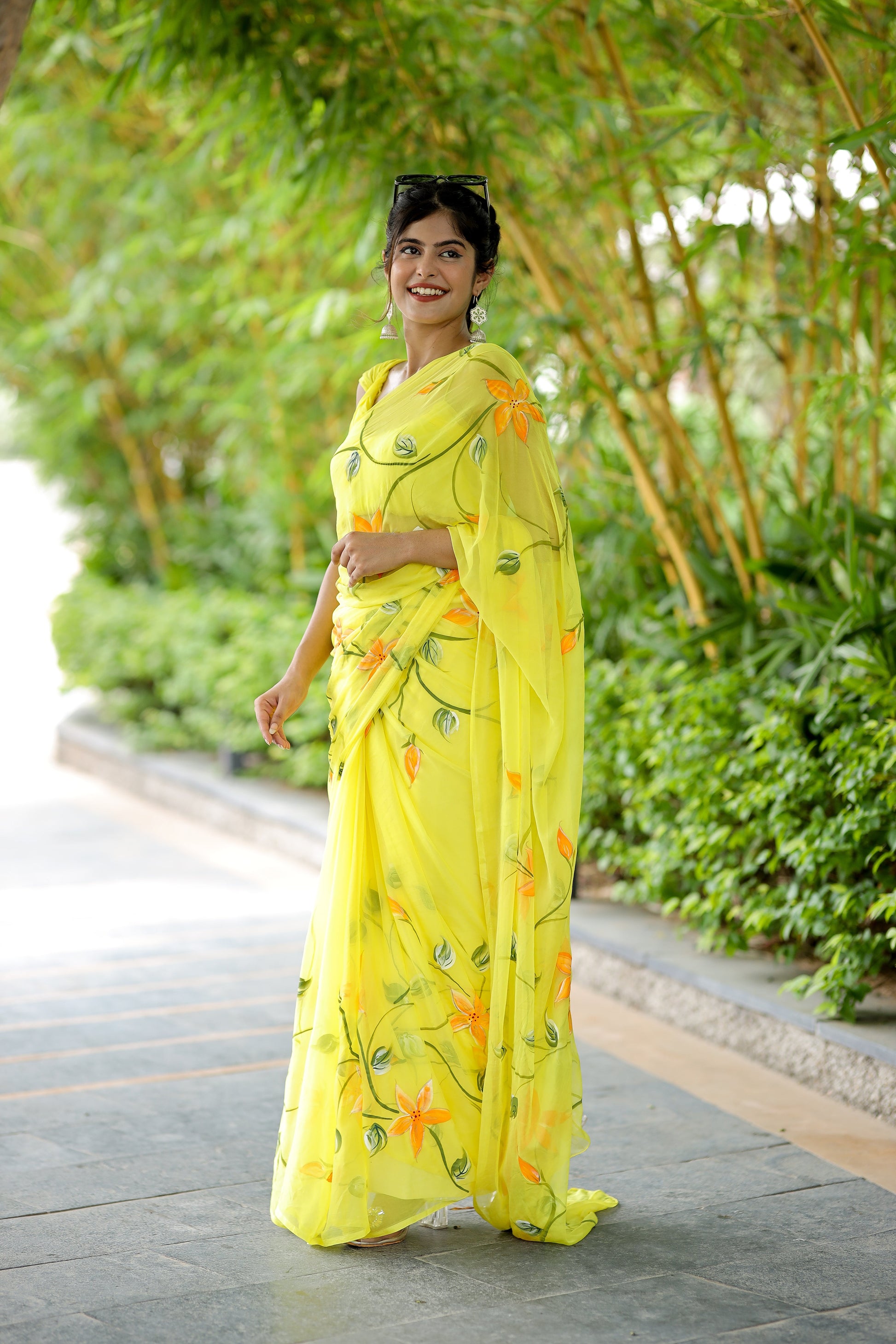 Vibrant Yellow Handpainted Chiffon Saree Floral