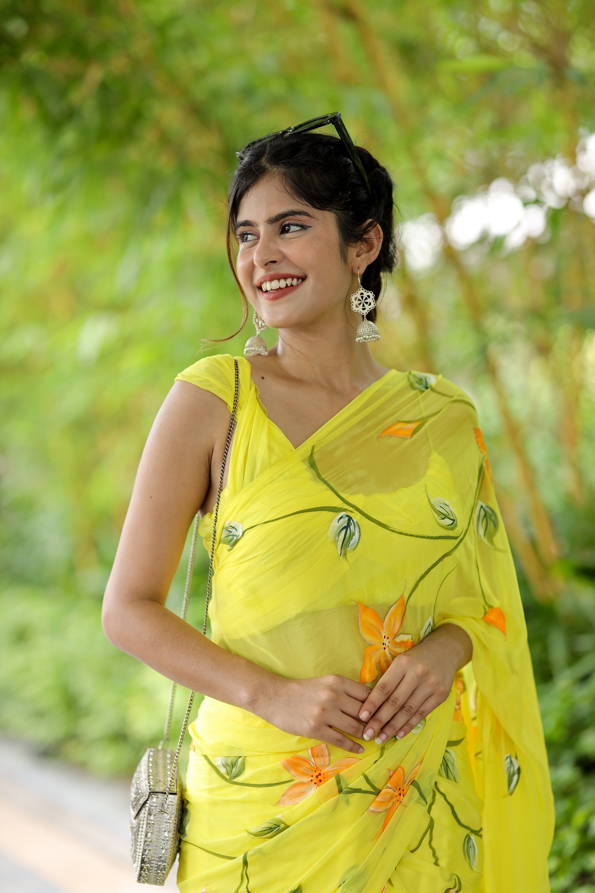 Vibrant Yellow Handpainted Chiffon Saree Floral