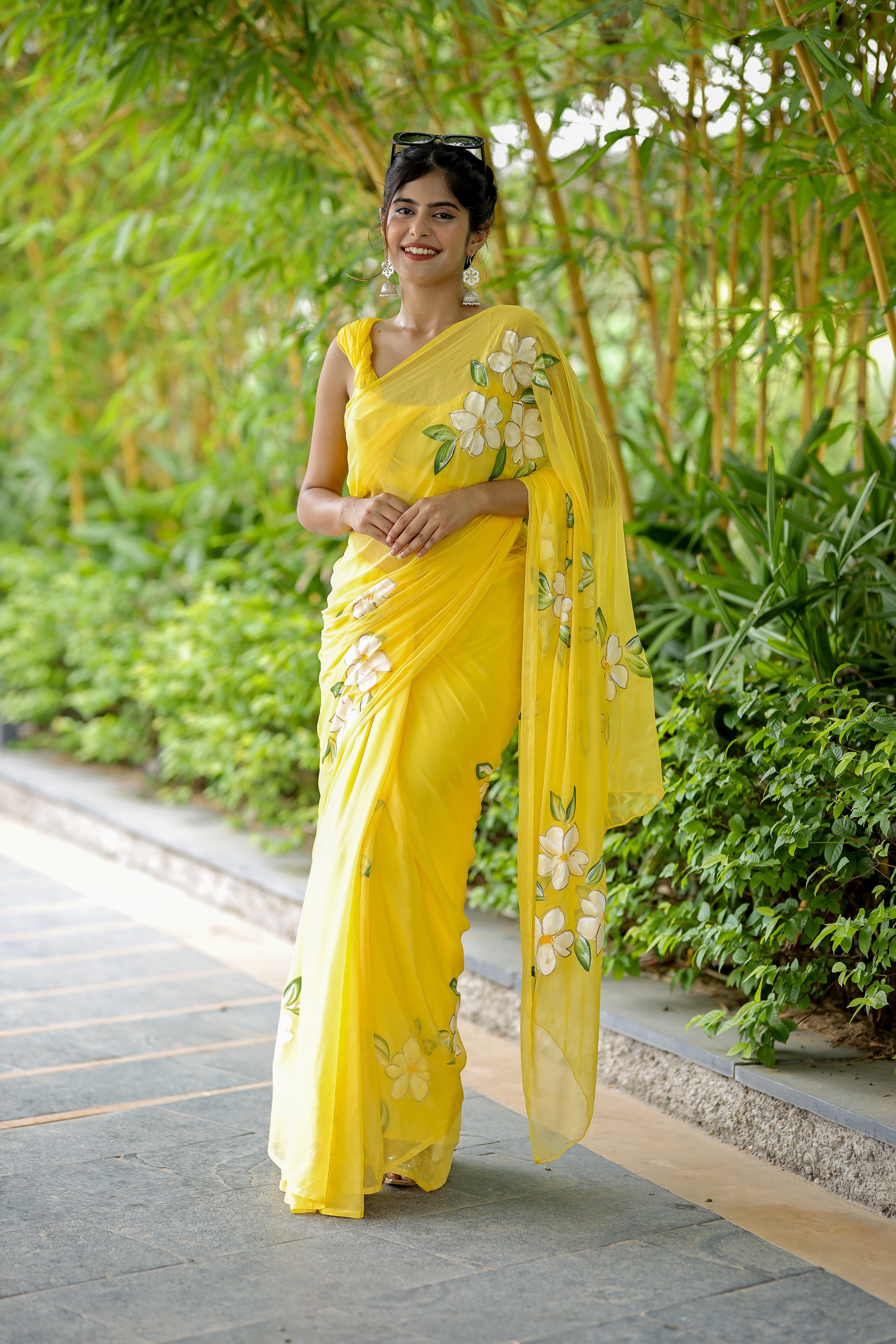 Radiant Yellow Classy Handpainted Chiffon Saree Floral