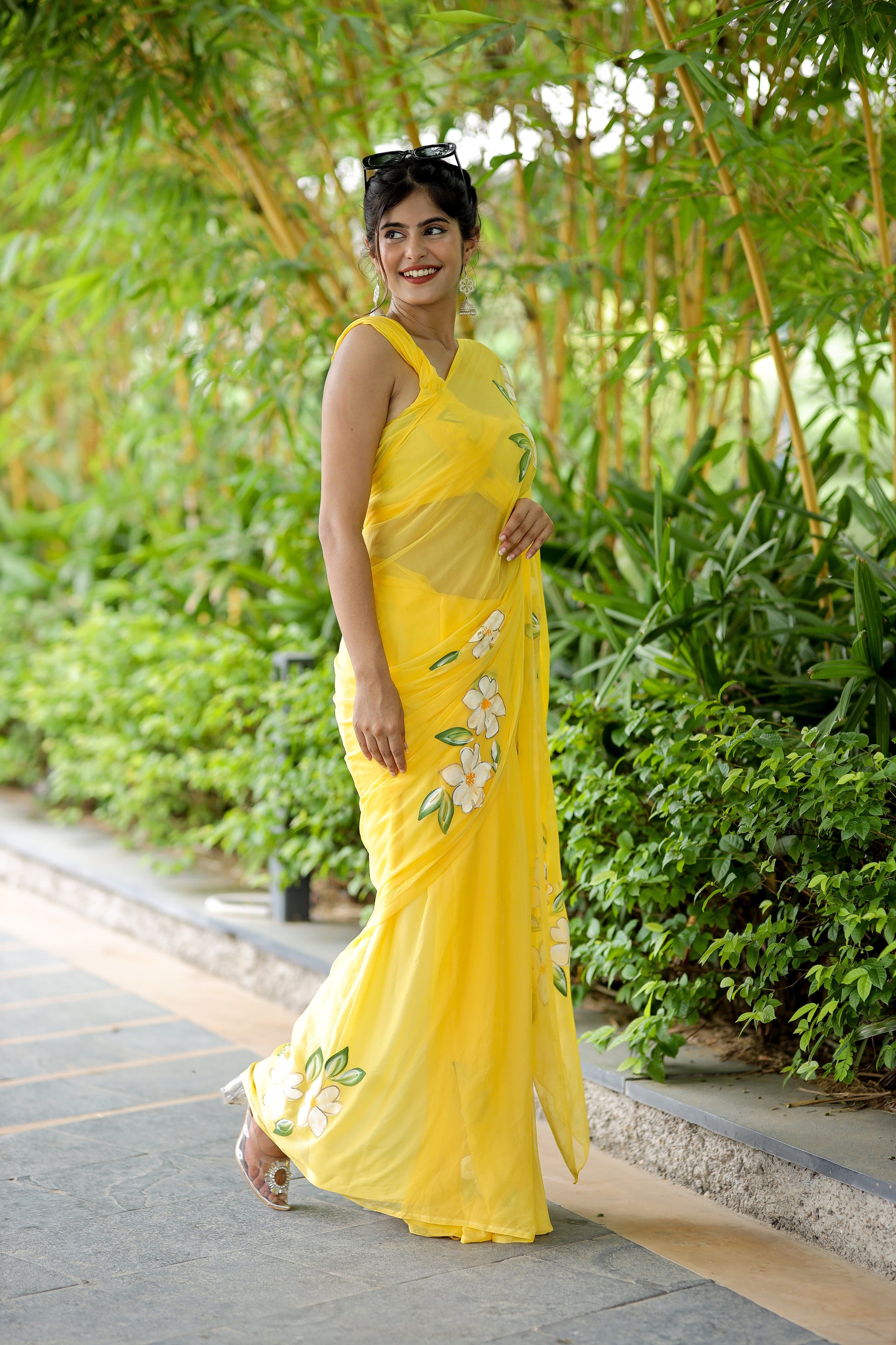 Radiant Yellow Classy Handpainted Chiffon Saree Floral