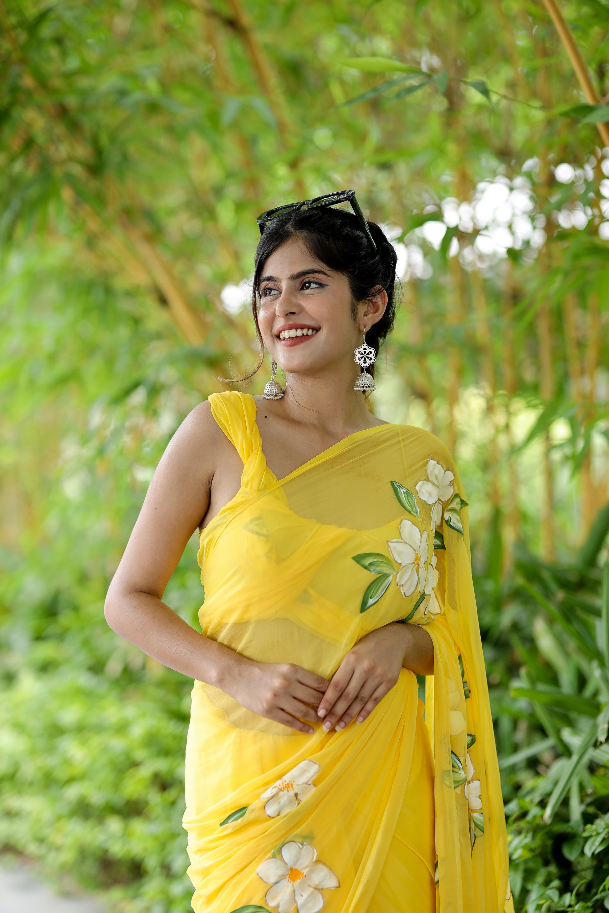 Radiant Yellow Classy Handpainted Chiffon Saree Floral