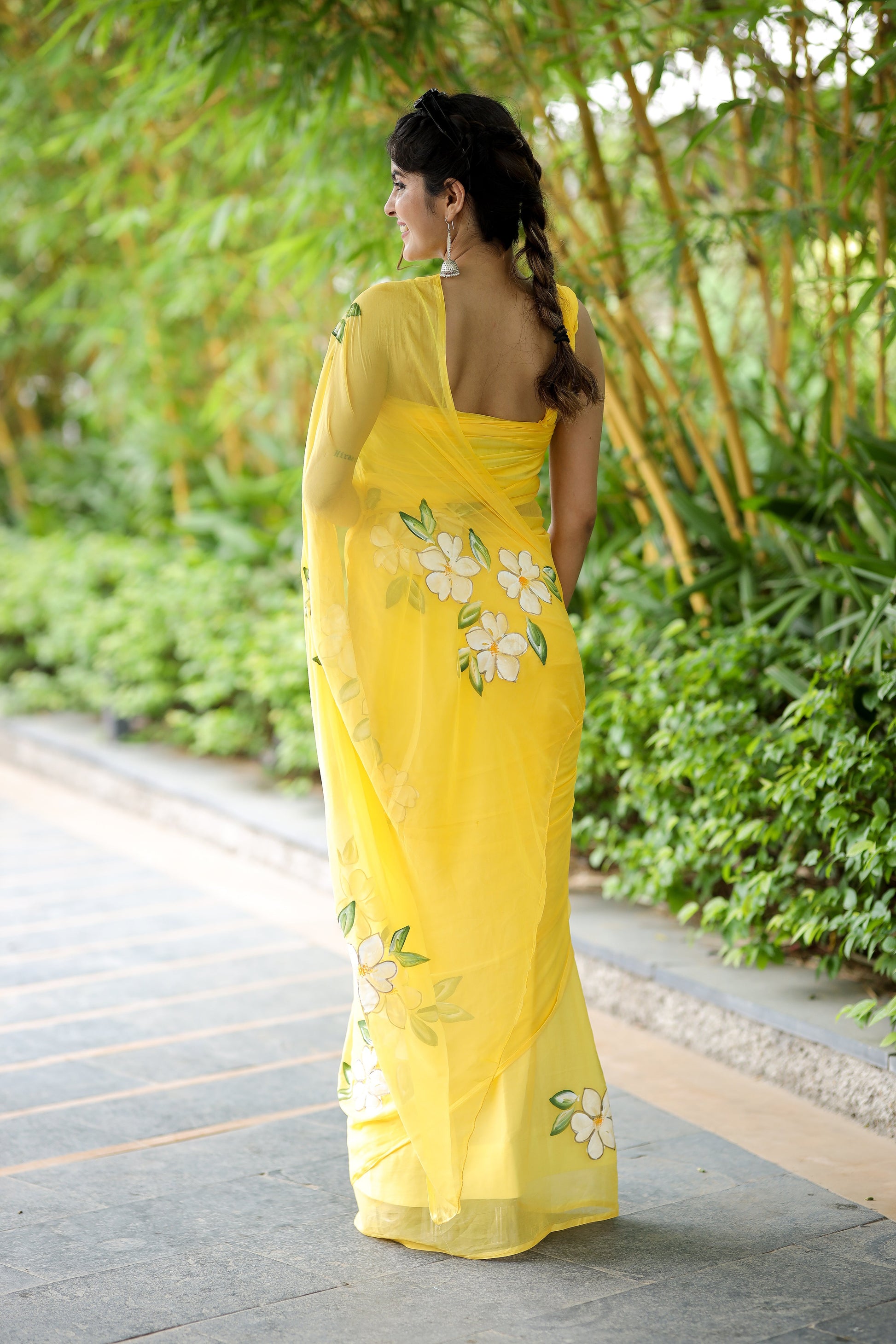 Radiant Yellow Classy Handpainted Chiffon Saree Floral