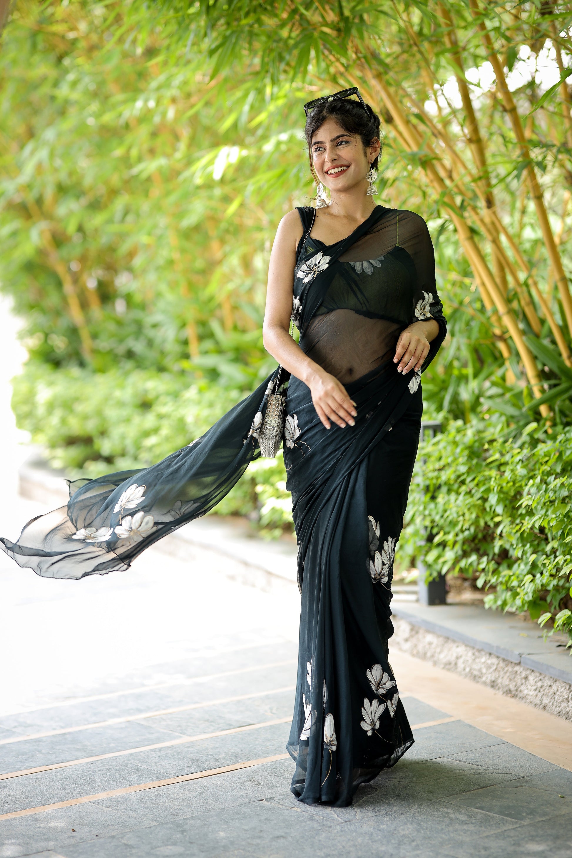 Elegant Black Grey Handpainted Chiffon Saree Floral