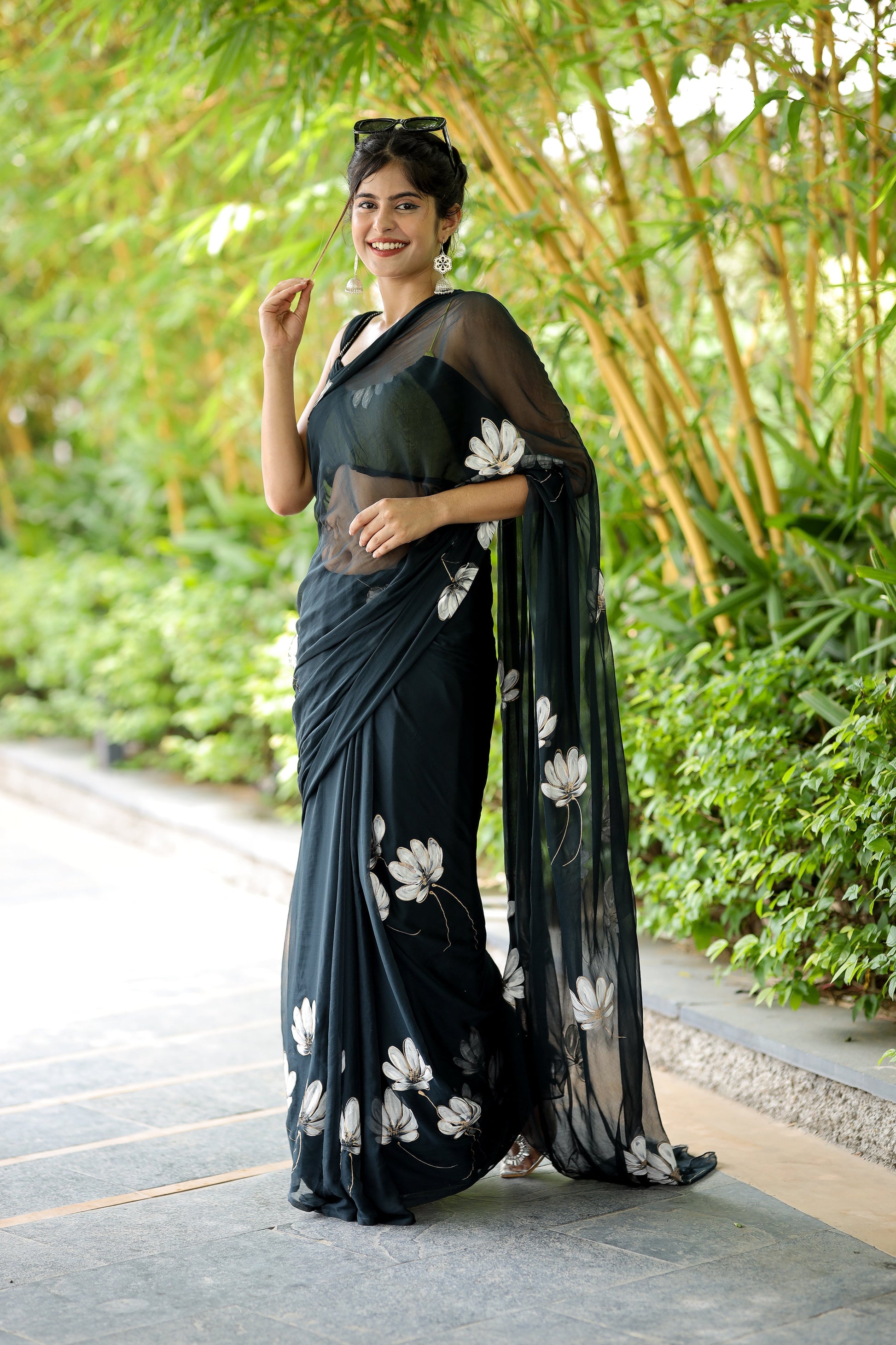 Elegant Black Grey Handpainted Chiffon Saree Floral