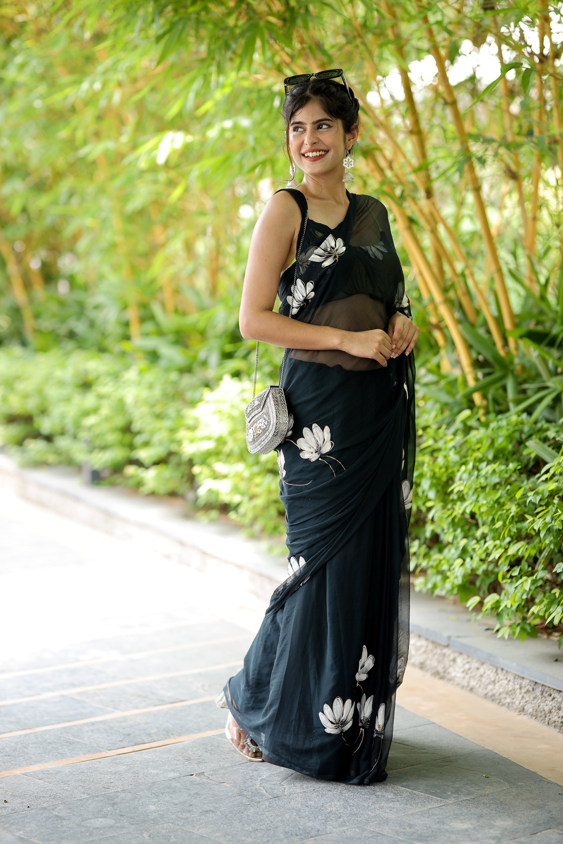 Elegant Black Grey Handpainted Chiffon Saree Floral