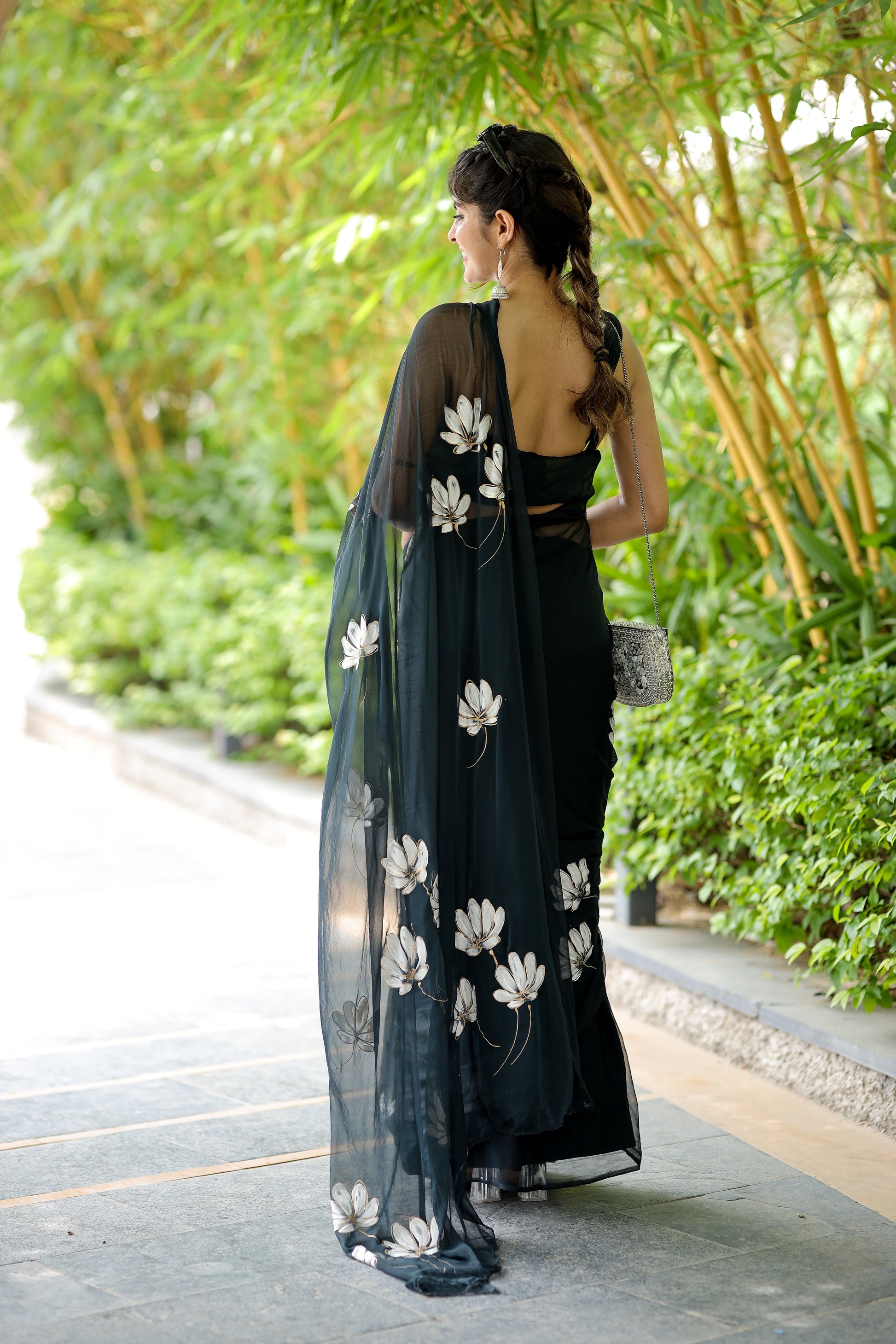 Elegant Black Grey Handpainted Chiffon Saree Floral