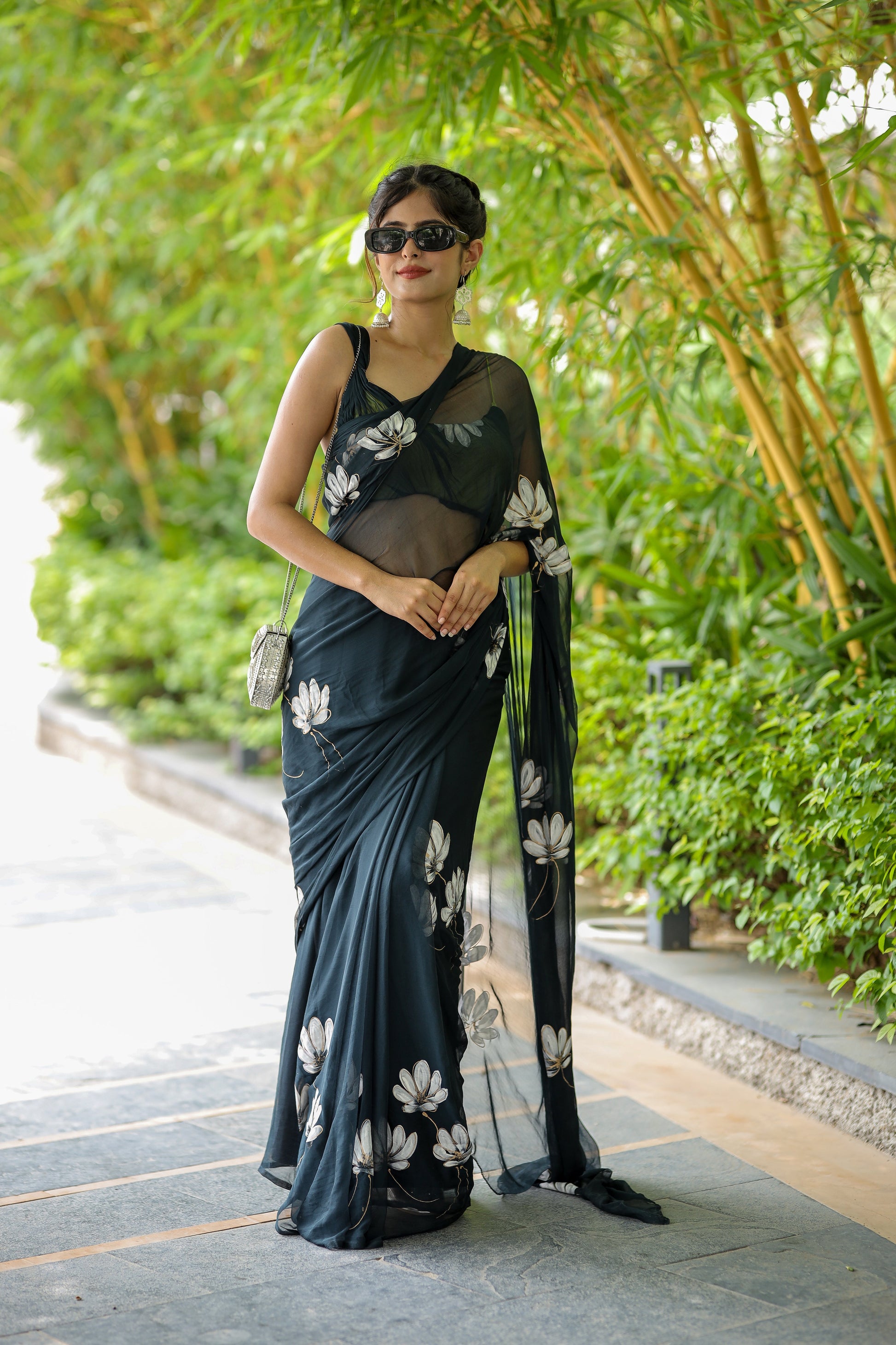 Elegant Black Grey Handpainted Chiffon Saree Floral