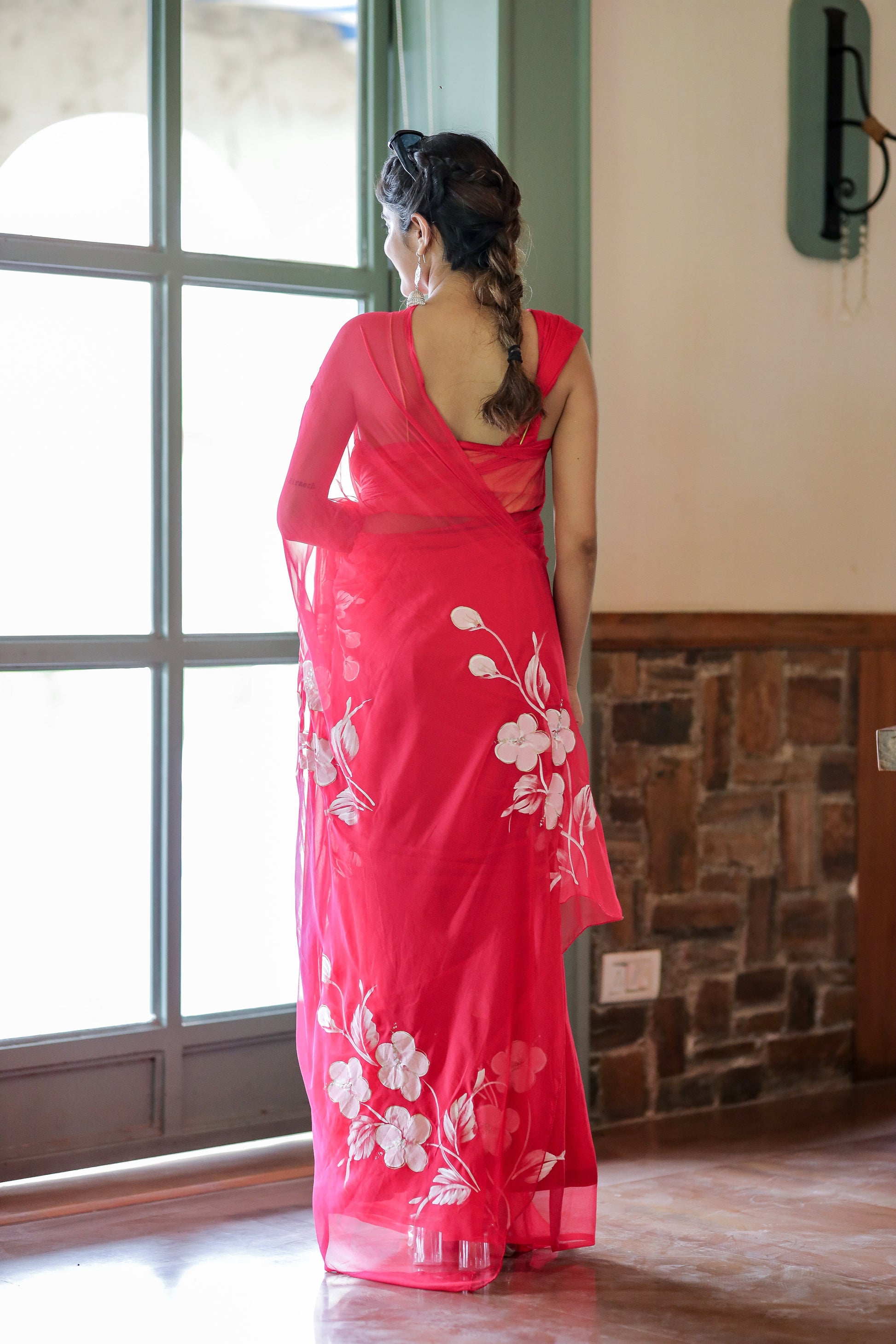 Breathtaking Rani Pink Handpainted Chiffon Saree White Floral