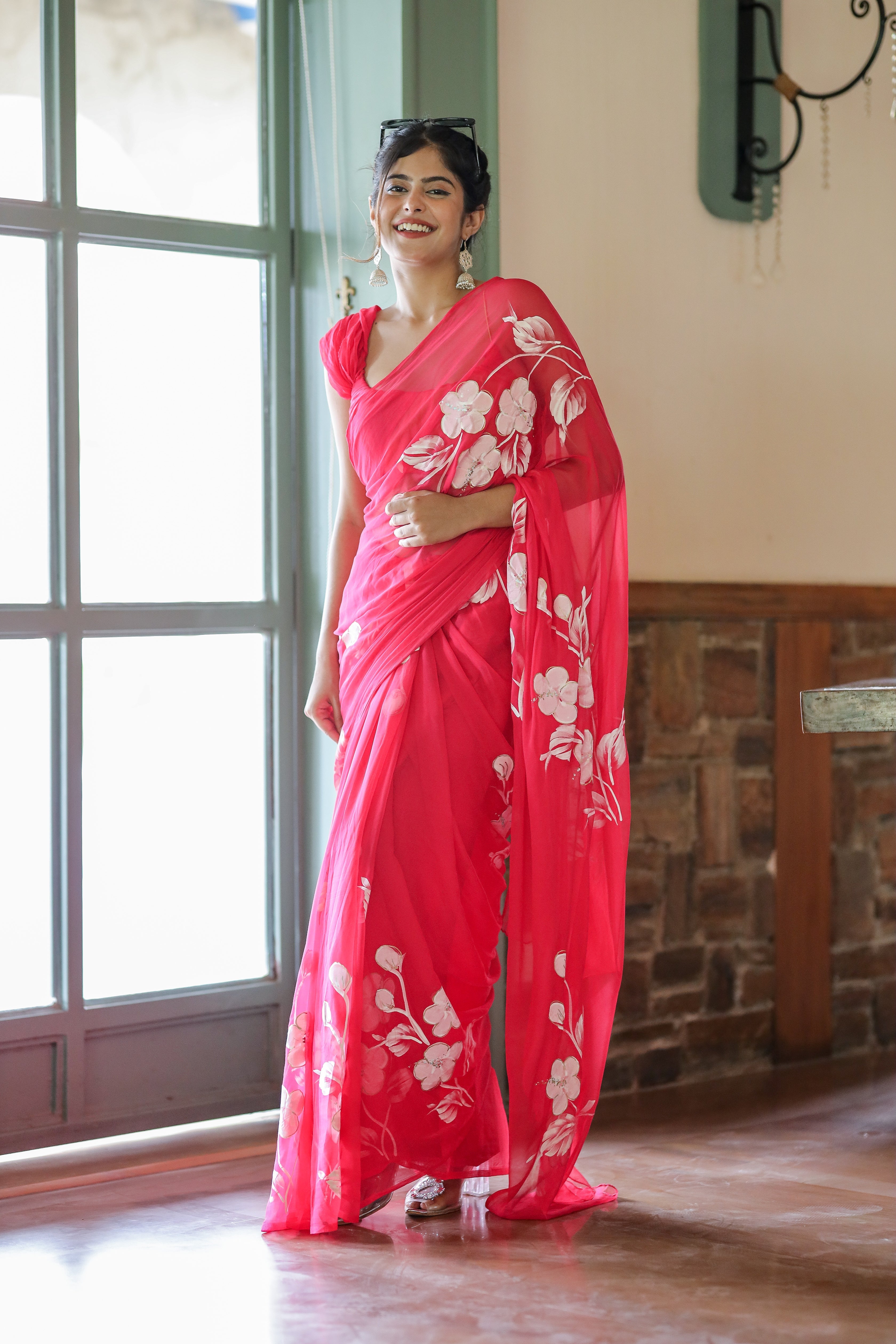Breathtaking Rani Pink Handpainted Chiffon Saree White Floral