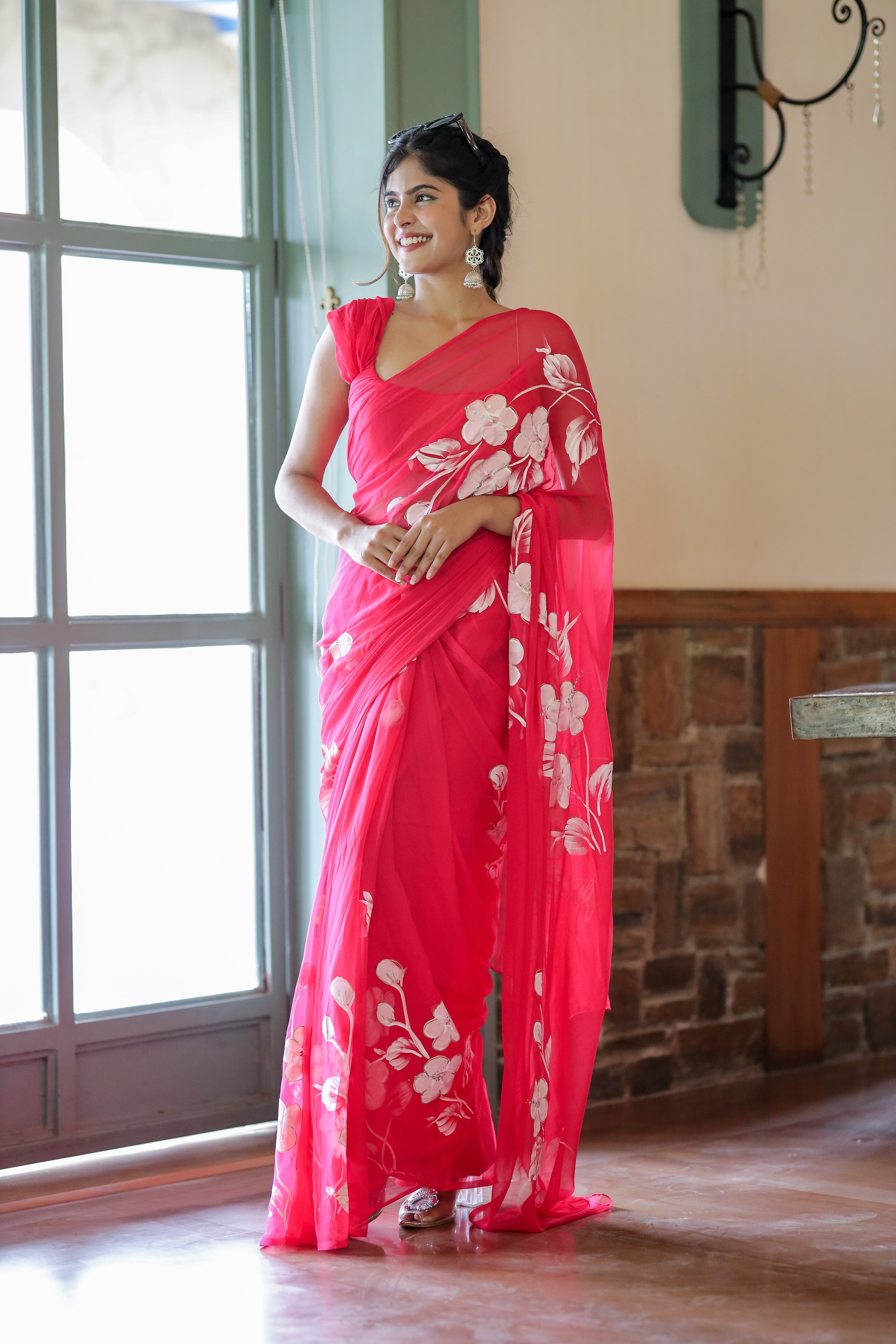 Breathtaking Rani Pink Handpainted Chiffon Saree White Floral
