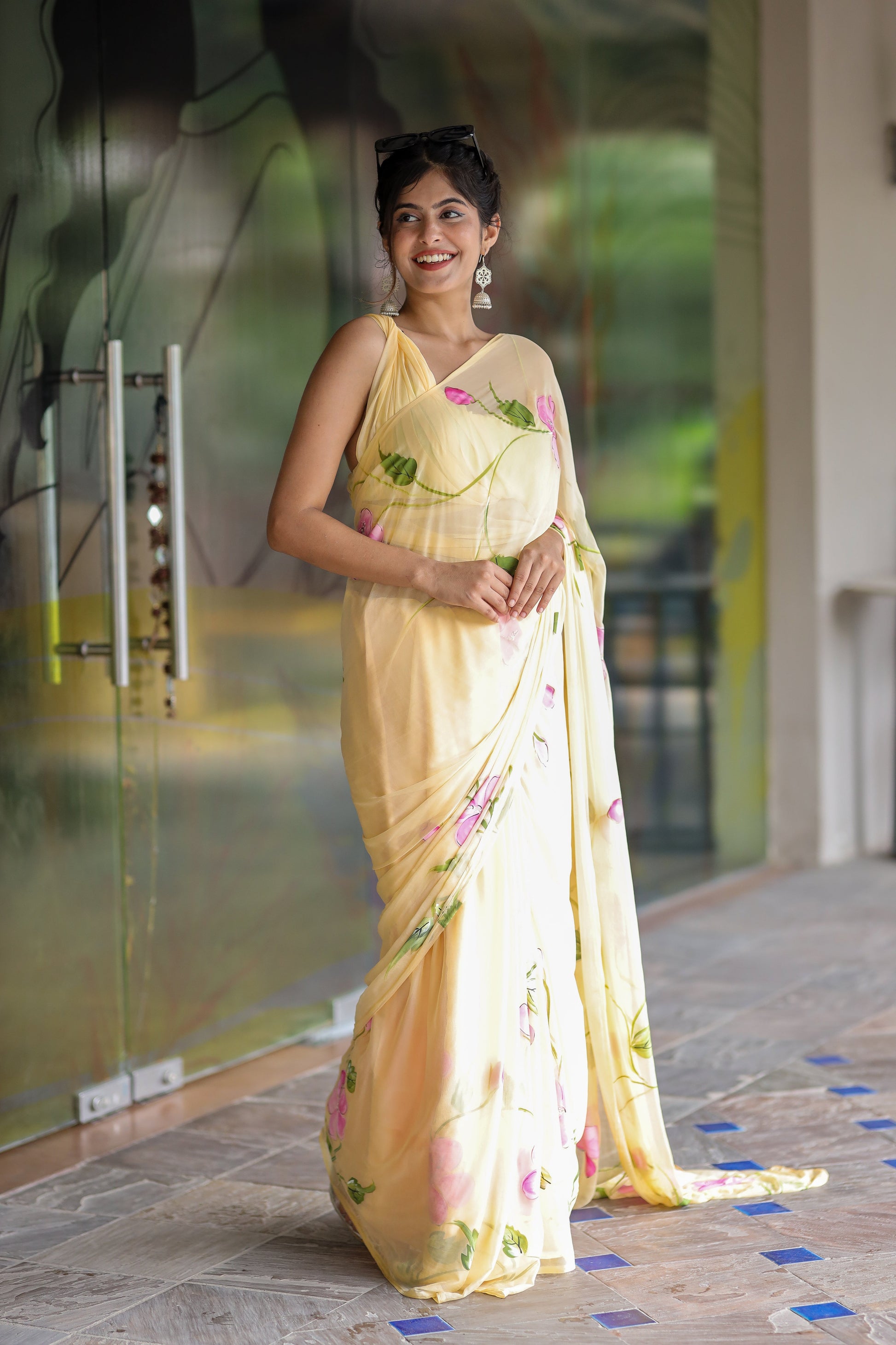 Gentle Pastel Yellow Handpainted Chiffon Saree Floral
