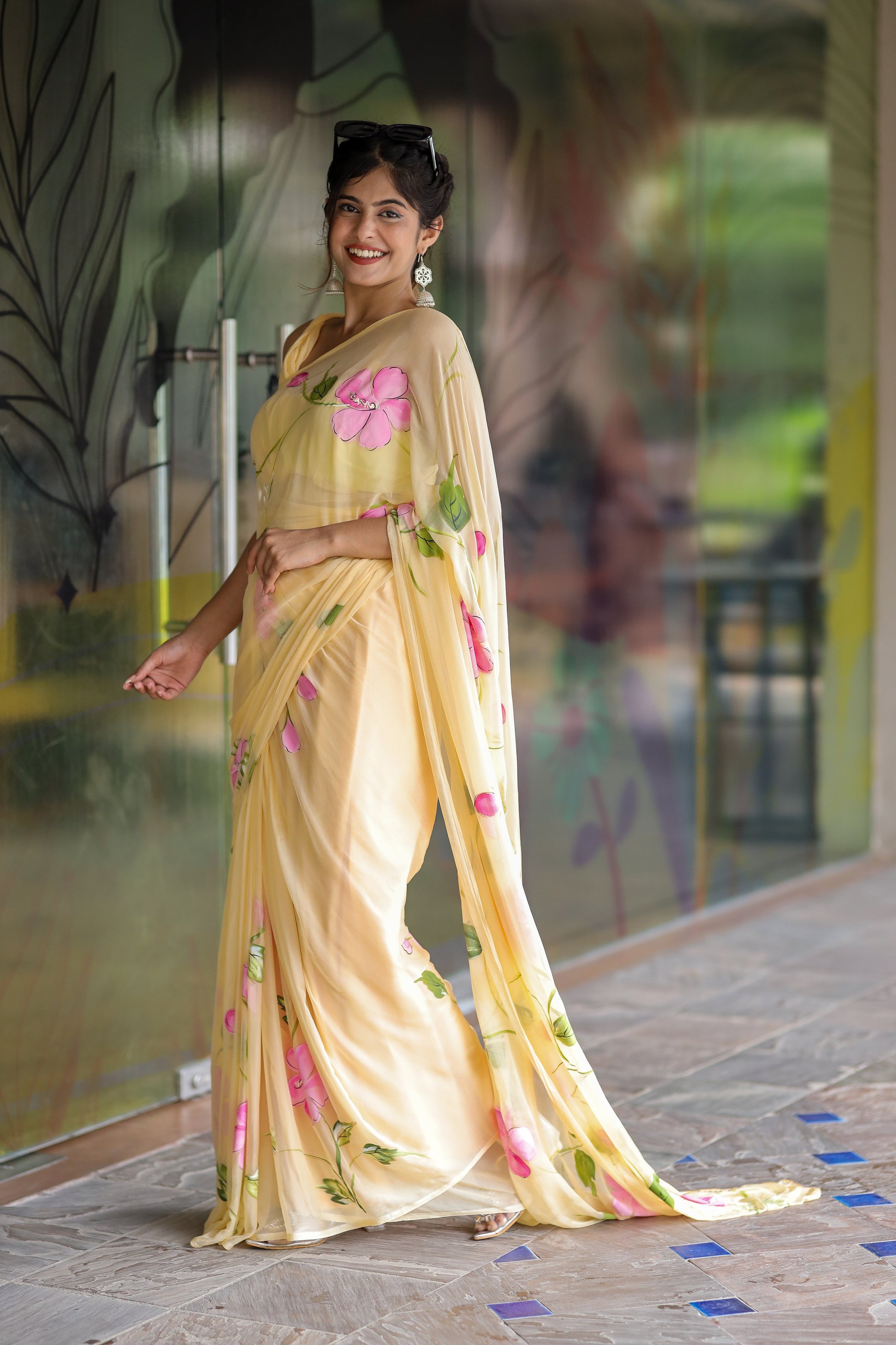 Gentle Pastel Yellow Handpainted Chiffon Saree Floral