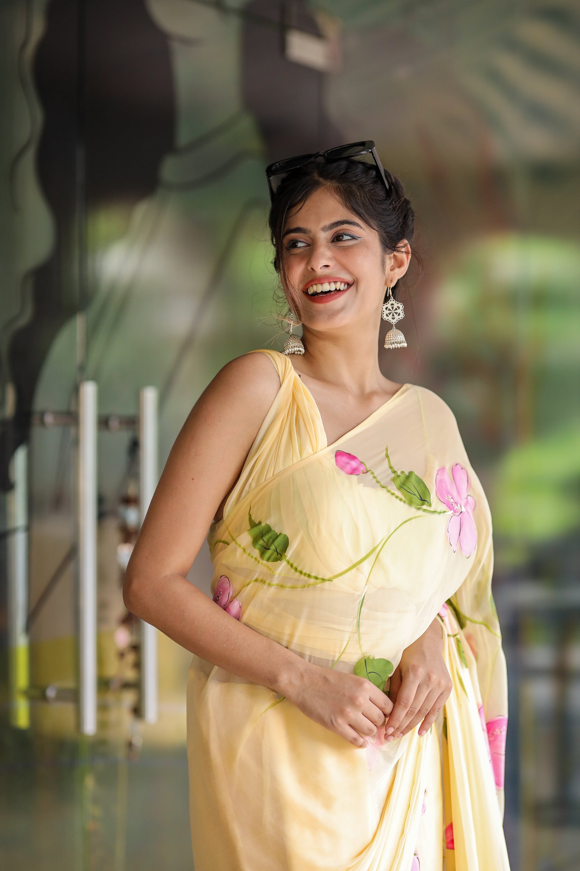 Gentle Pastel Yellow Handpainted Chiffon Saree Floral