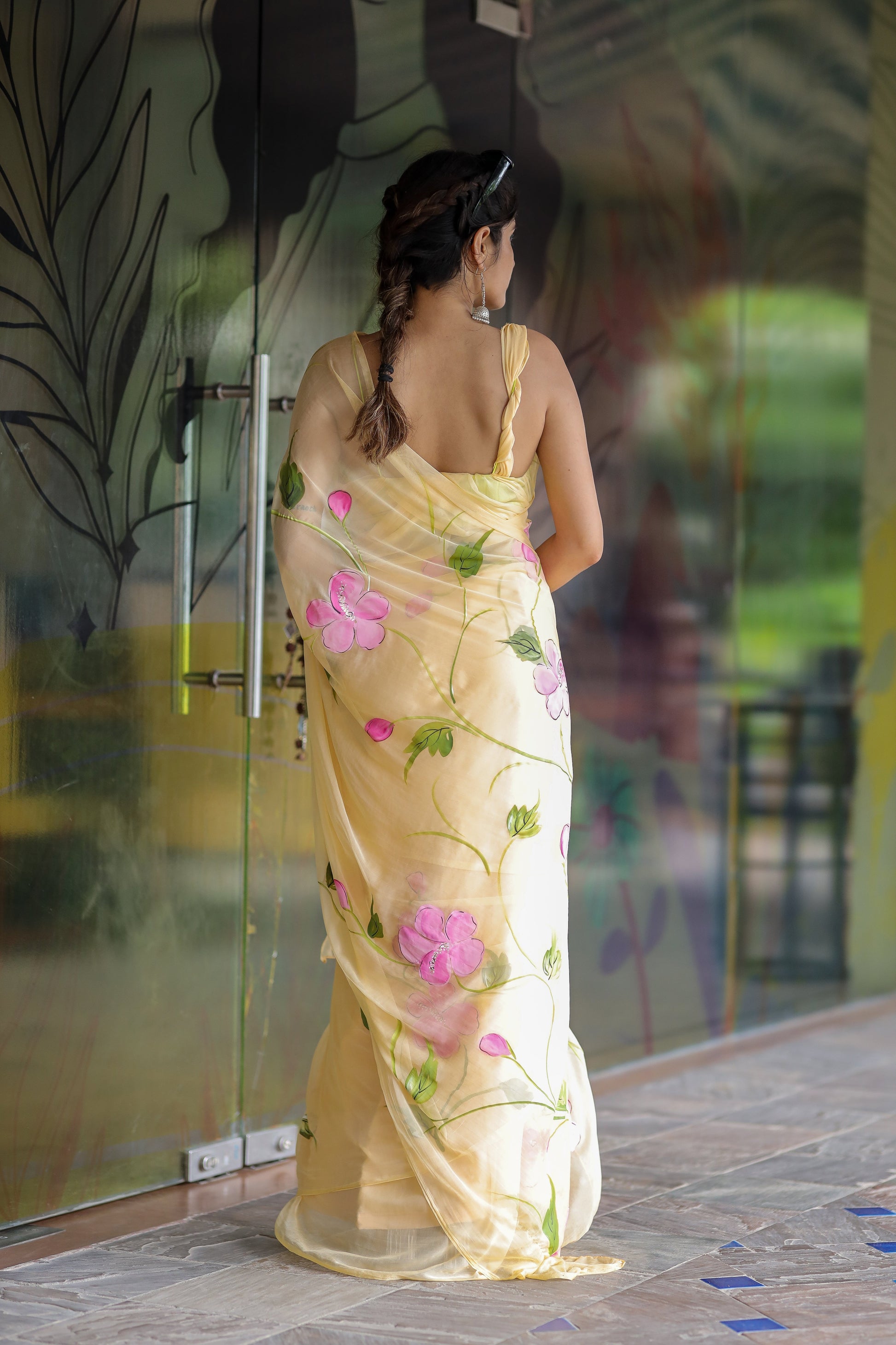 Gentle Pastel Yellow Handpainted Chiffon Saree Floral