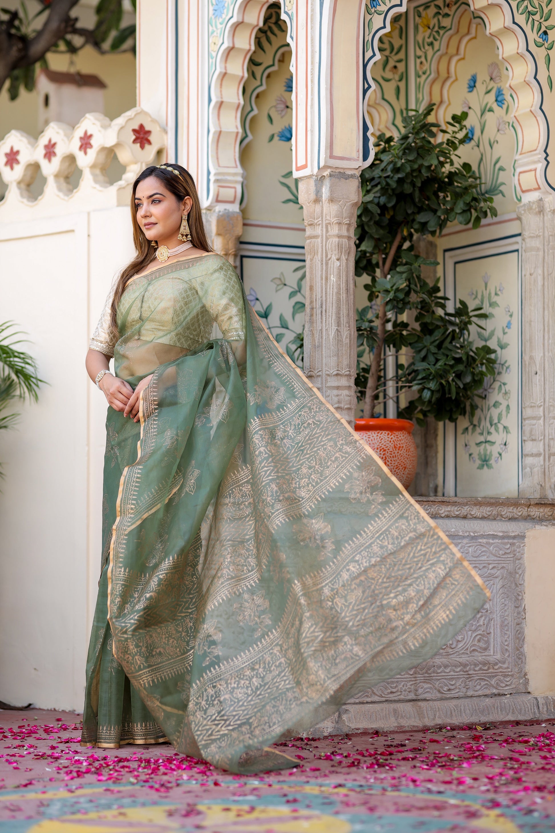 Timeless Green Gold Organza Saree Foil Work Floral