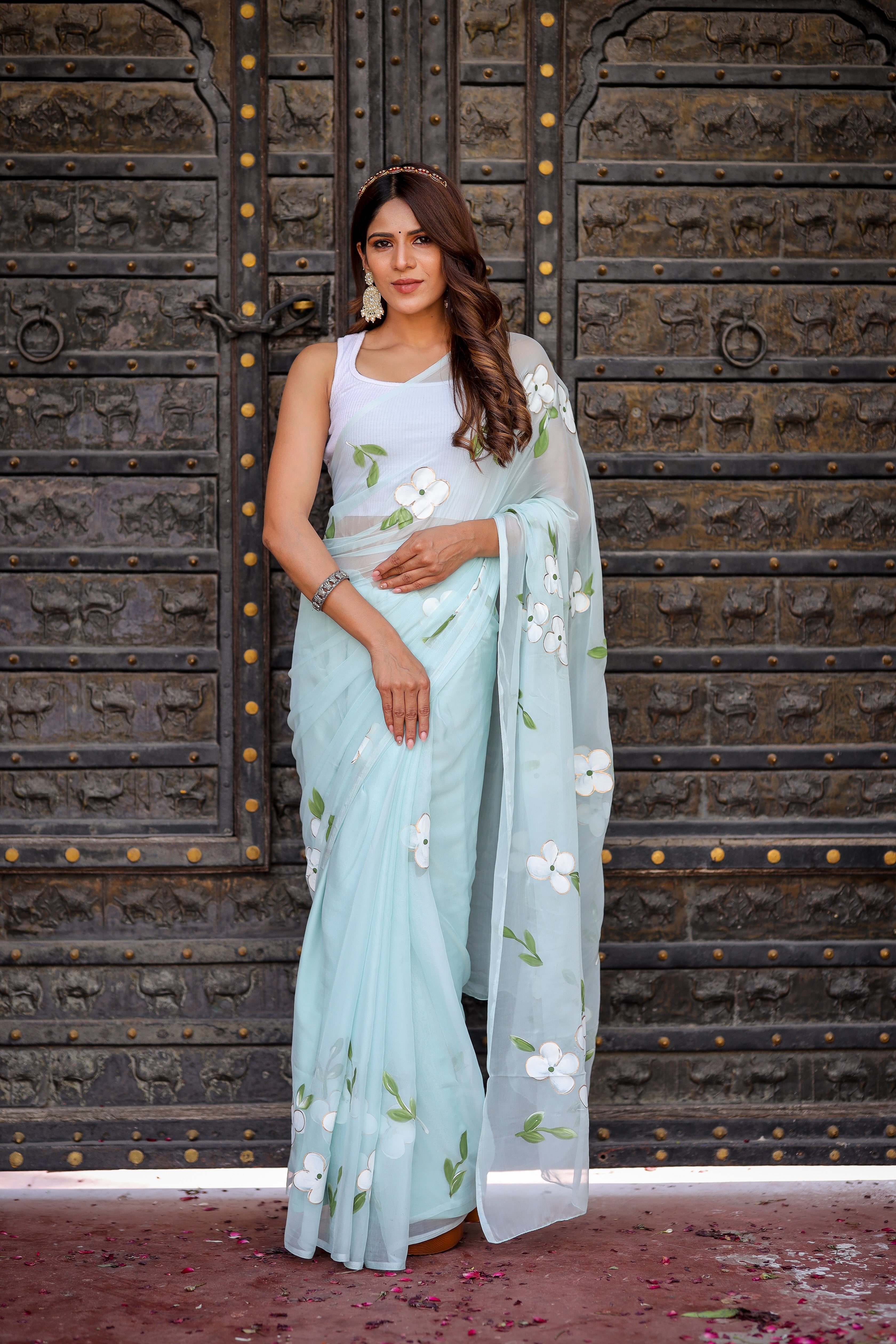 Serene Light Blue Handpainted Chiffon Saree Floral