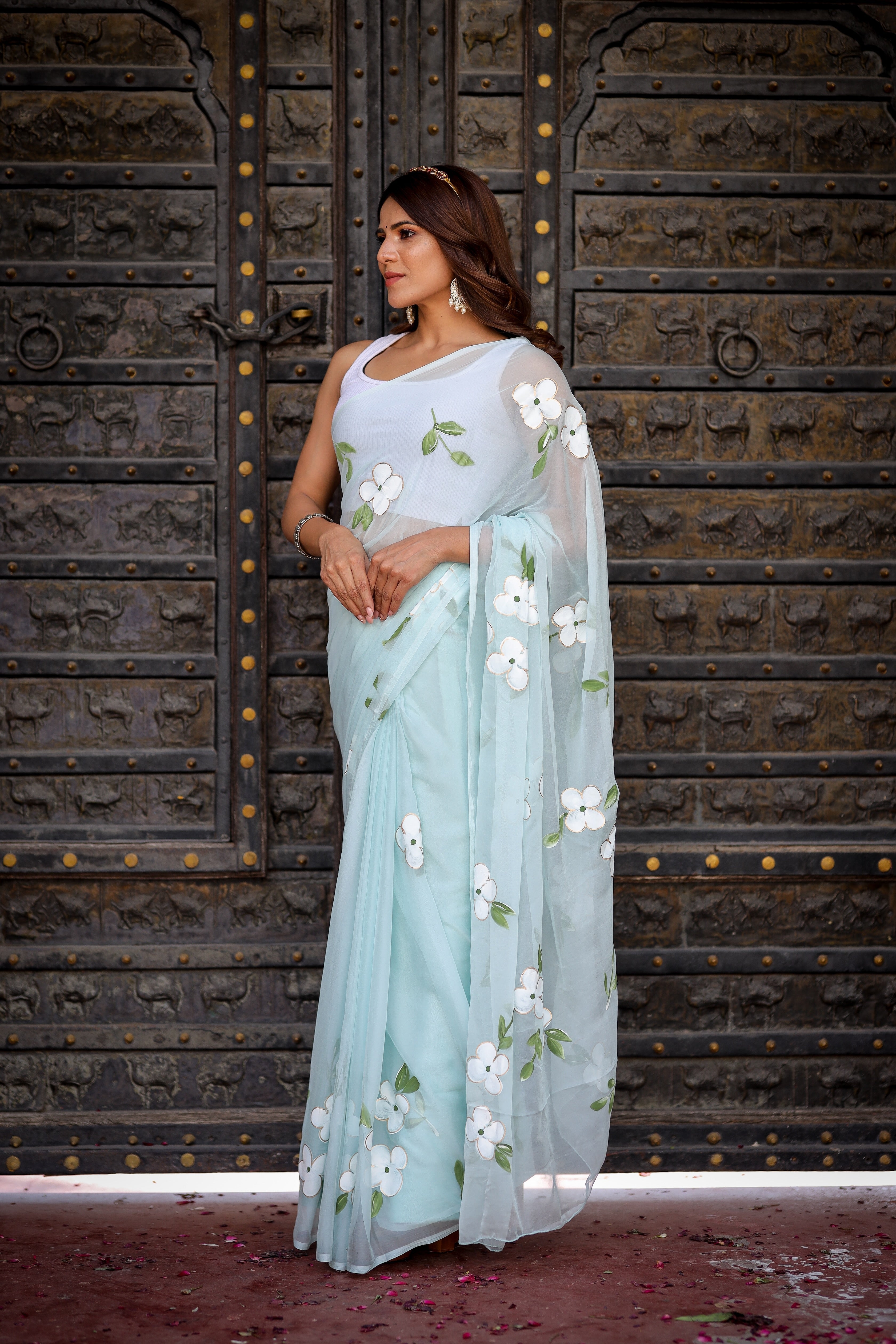 Serene Light Blue Handpainted Chiffon Saree Floral