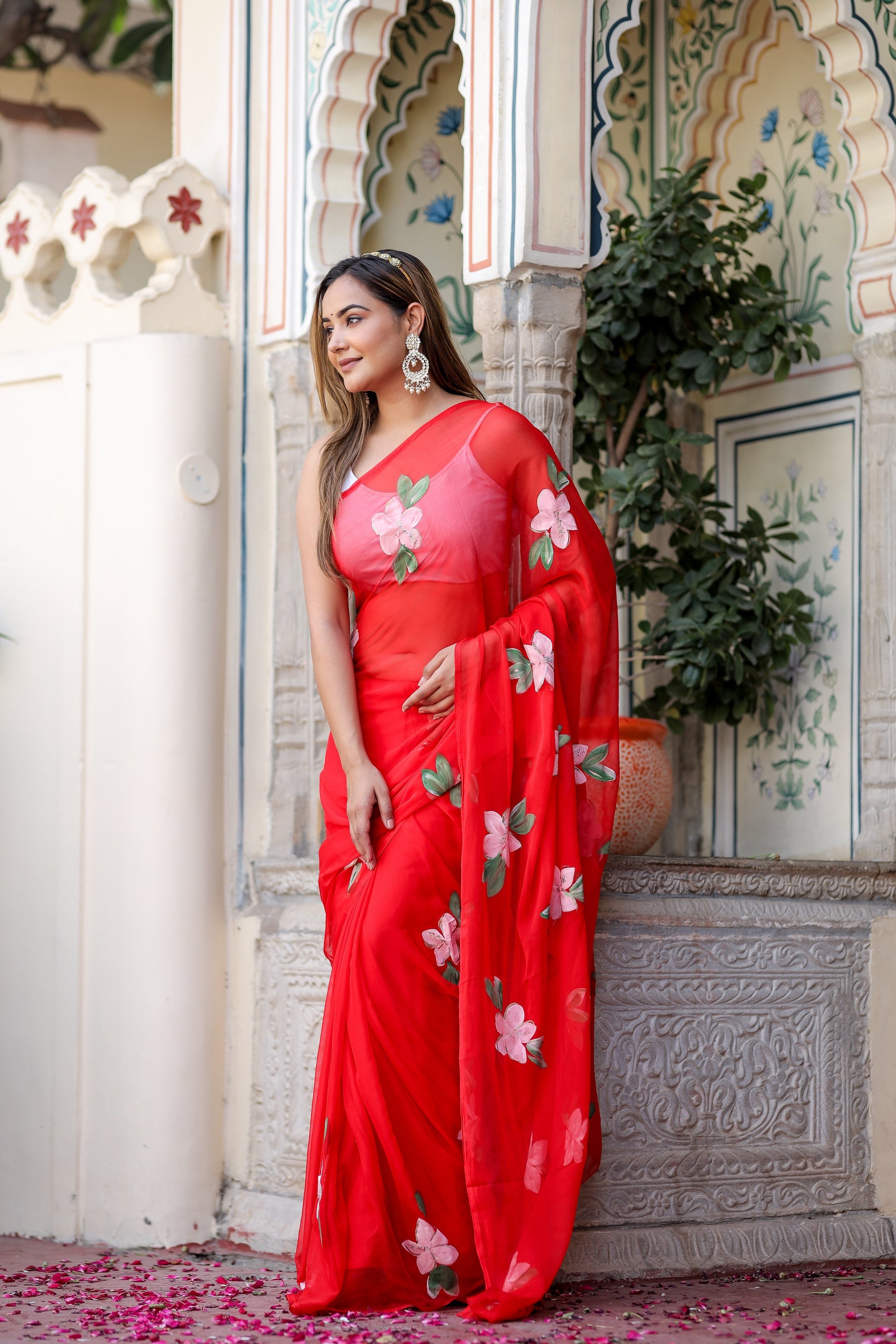 Striking Scarlet Red Handpainted Chiffon Saree Floral