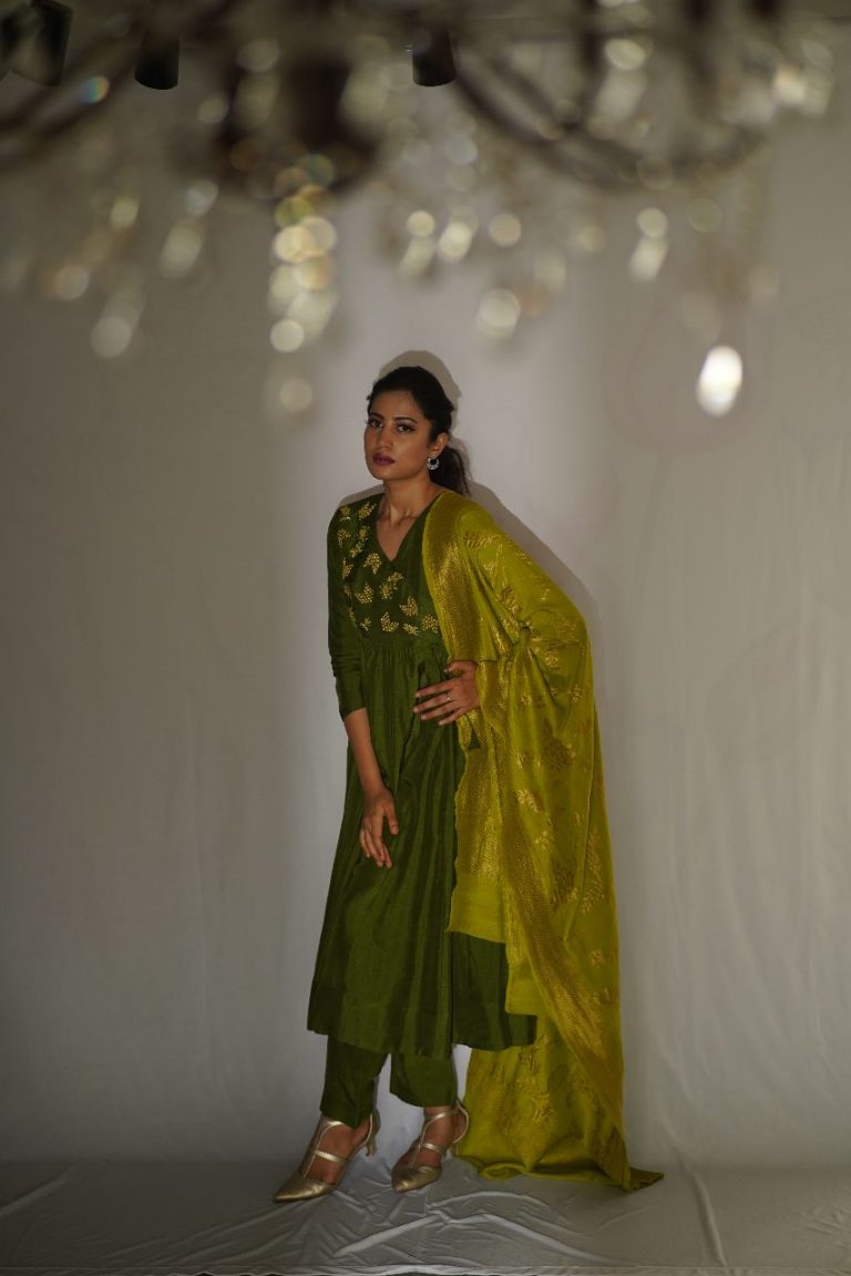 Serene Green Raw Silk Anarkali Chartreuse Dupatta Gold Motifs