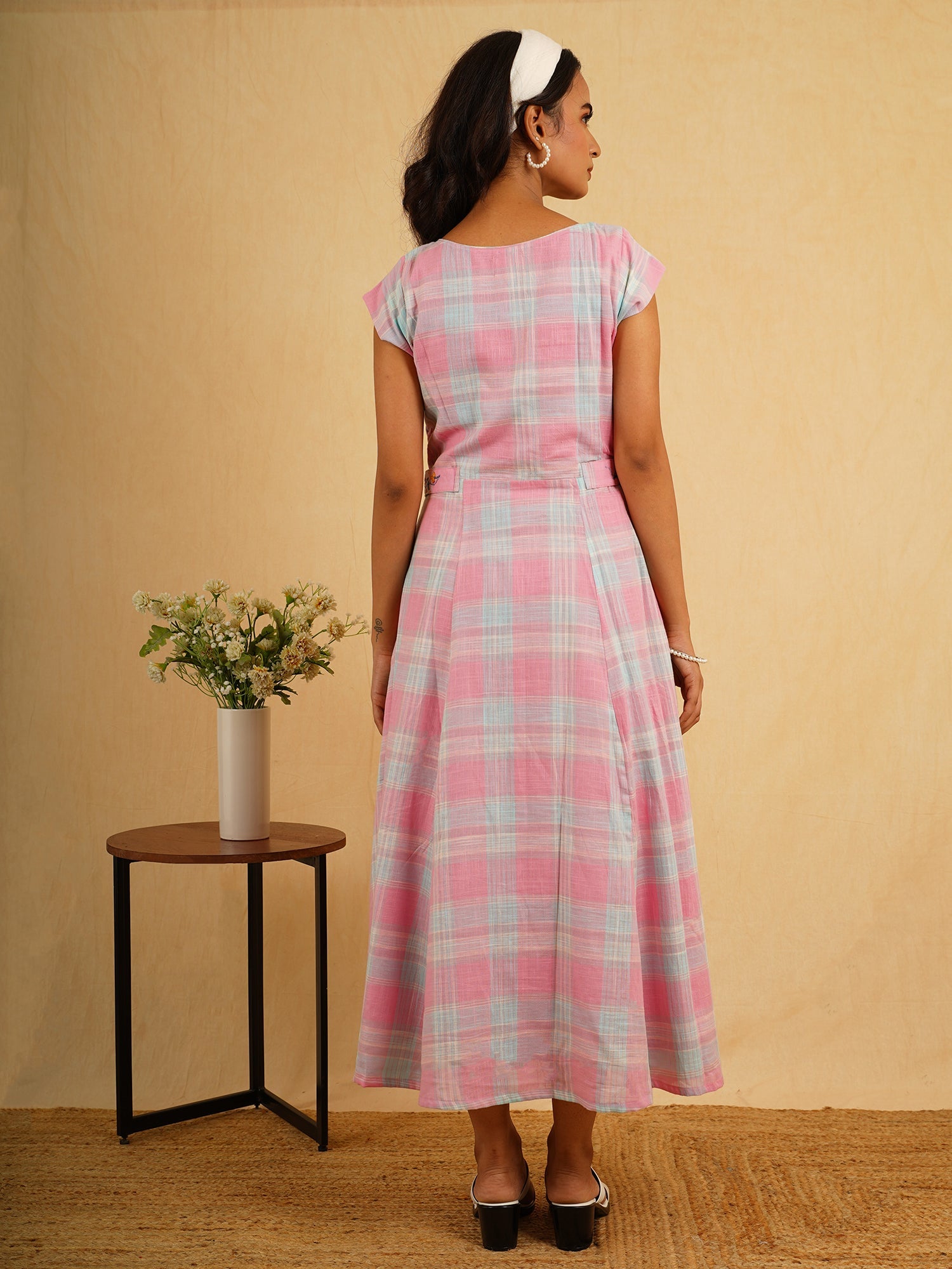Sweet Pink Blue Cotton Checks Flared Dress Embroidered Belt - Barbie