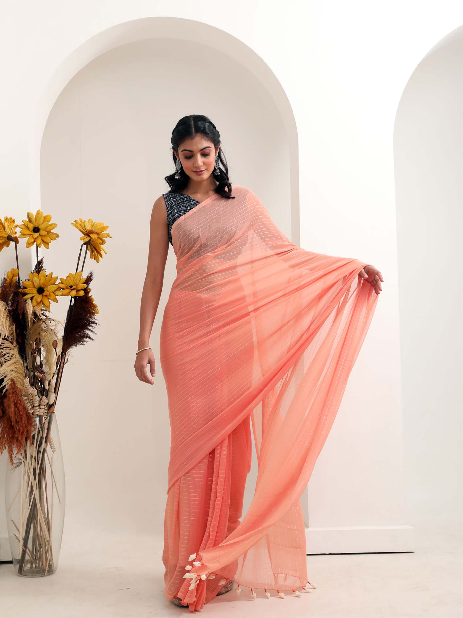 Beautiful Peach Chiffon Silver Stripe Saree Blue Rayon Blouse - Clementine