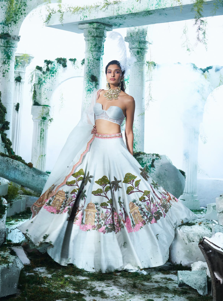 Artistic Sea Green Raw Silk Jungle Kali Lehenga Set