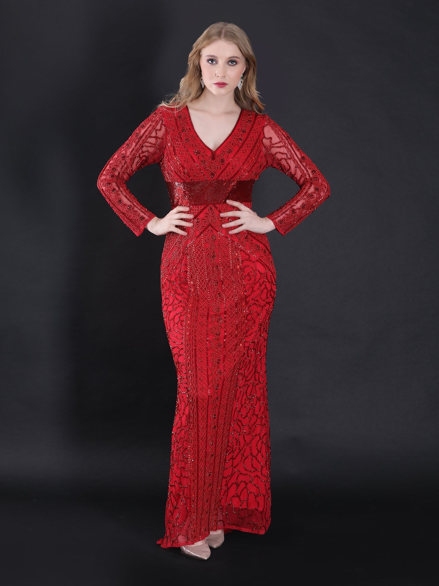 Captivating Crimson Red Scarlet Siren Mermaid Gown Stones Beads