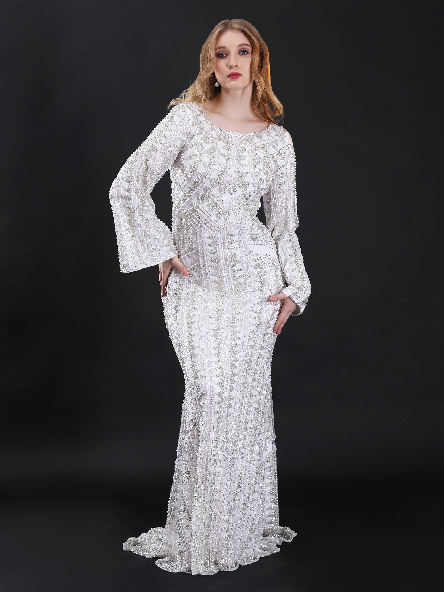 Subtle White Ivory Pearl Fishcut Gown Hand-Embroidered Elegance