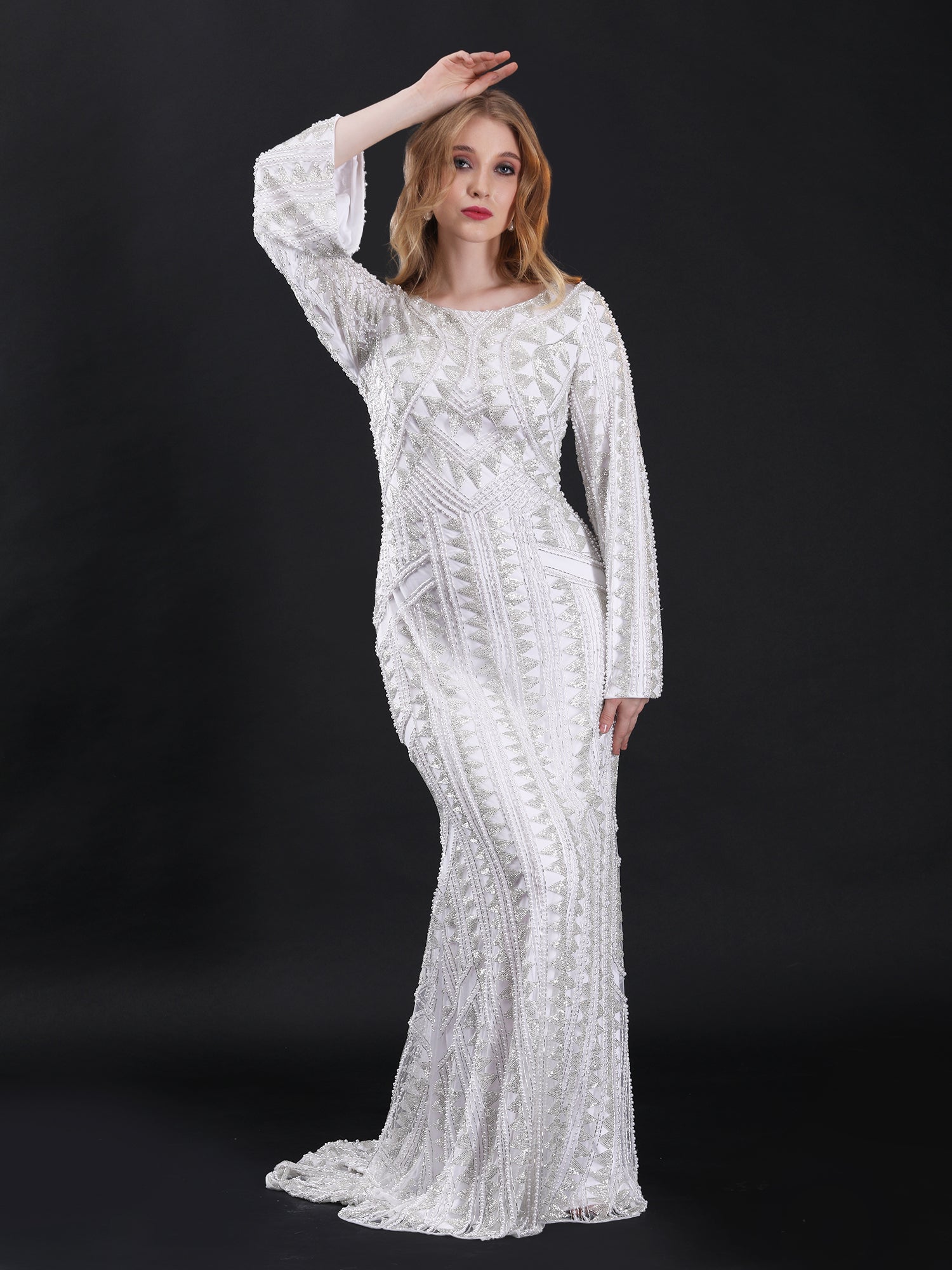 Subtle White Ivory Pearl Fishcut Gown Hand-Embroidered Elegance