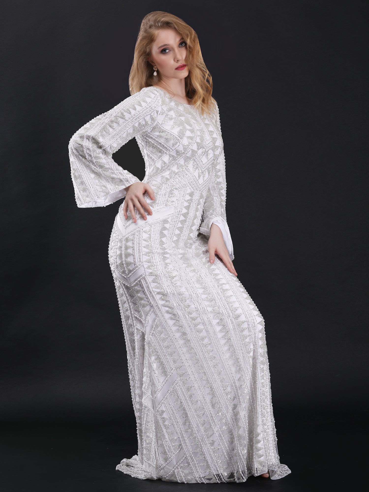 Subtle White Ivory Pearl Fishcut Gown Hand-Embroidered Elegance