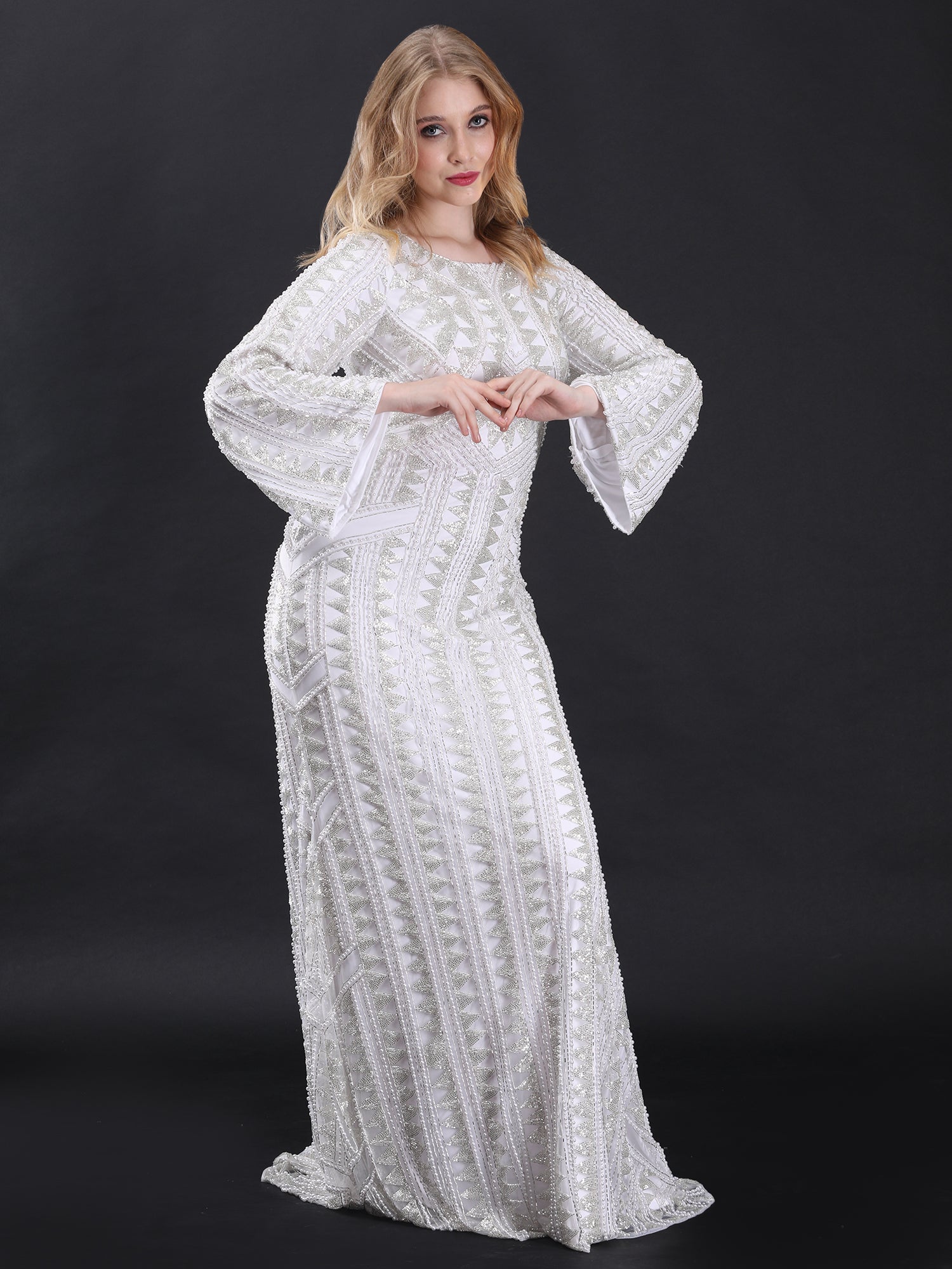 Subtle White Ivory Pearl Fishcut Gown Hand-Embroidered Elegance