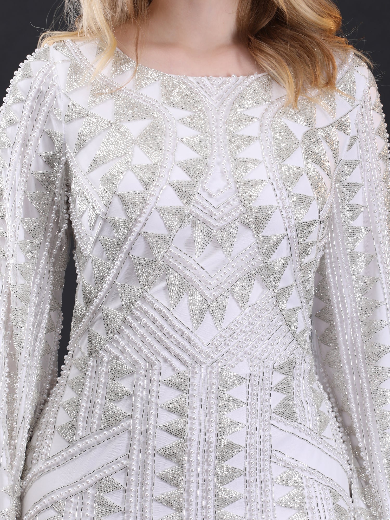 Subtle White Ivory Pearl Fishcut Gown Hand-Embroidered Elegance