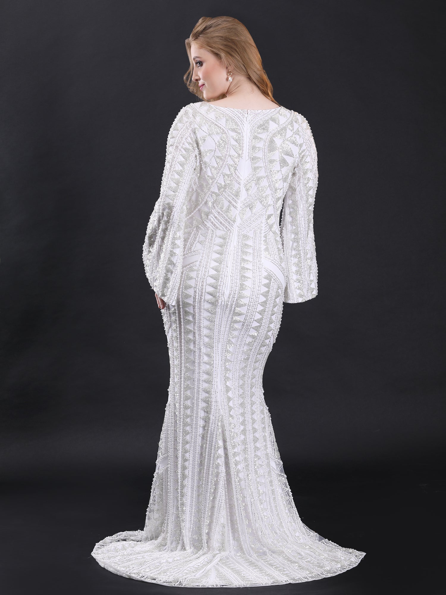 Subtle White Ivory Pearl Fishcut Gown Hand-Embroidered Elegance