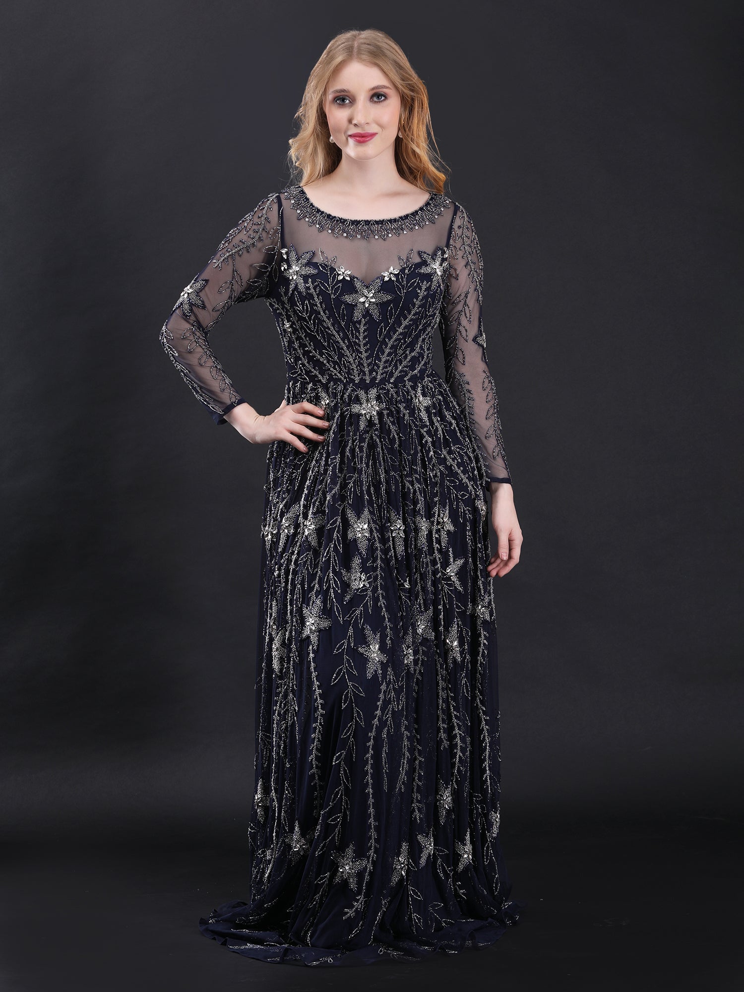 Sophisticated Navy Blue Enchantress Stardust Gown Beads Stones