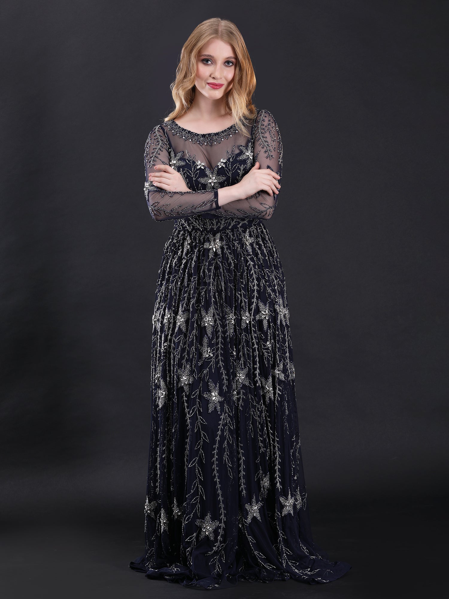 Sophisticated Navy Blue Enchantress Stardust Gown Beads Stones