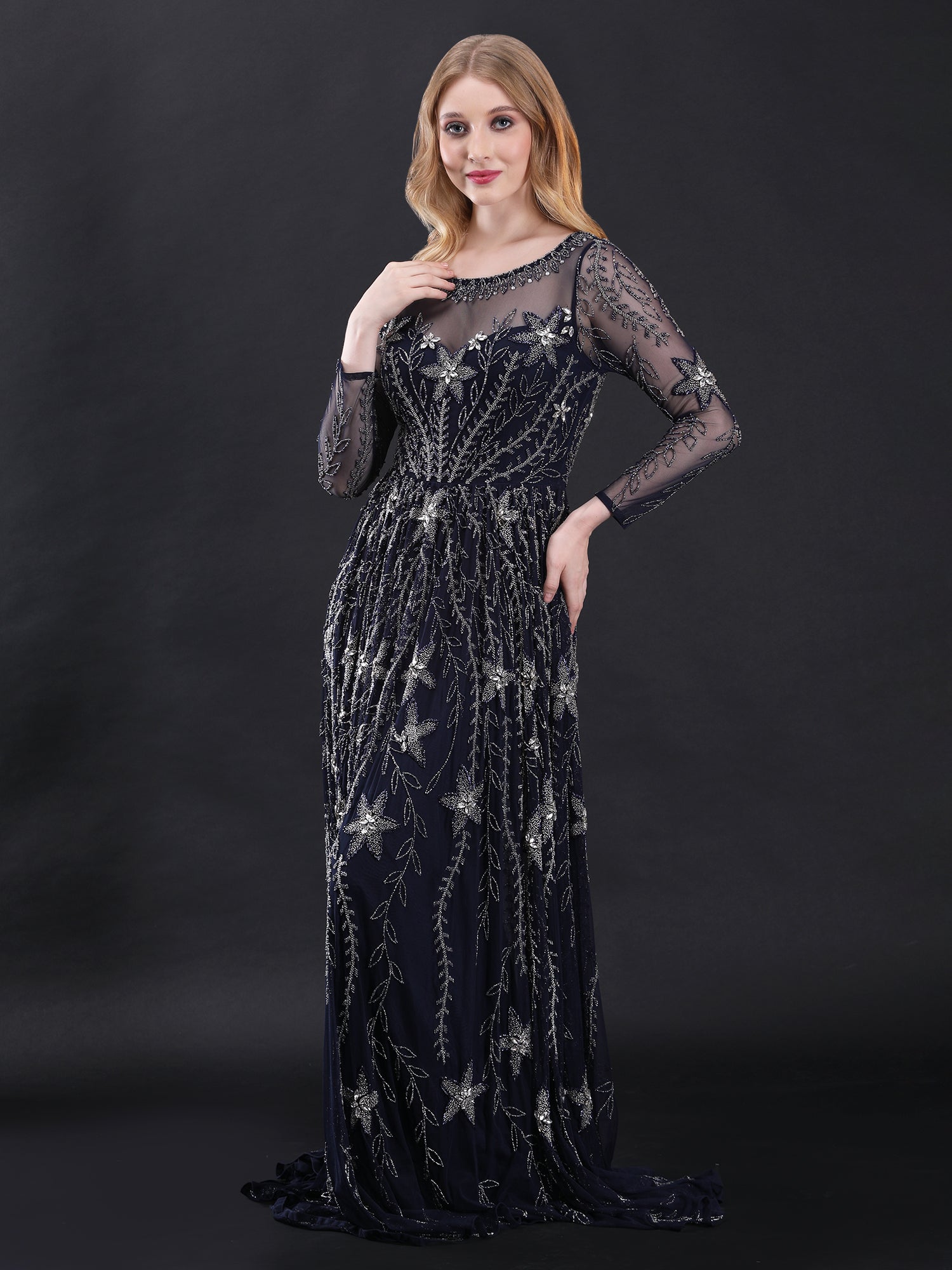 Sophisticated Navy Blue Enchantress Stardust Gown Beads Stones