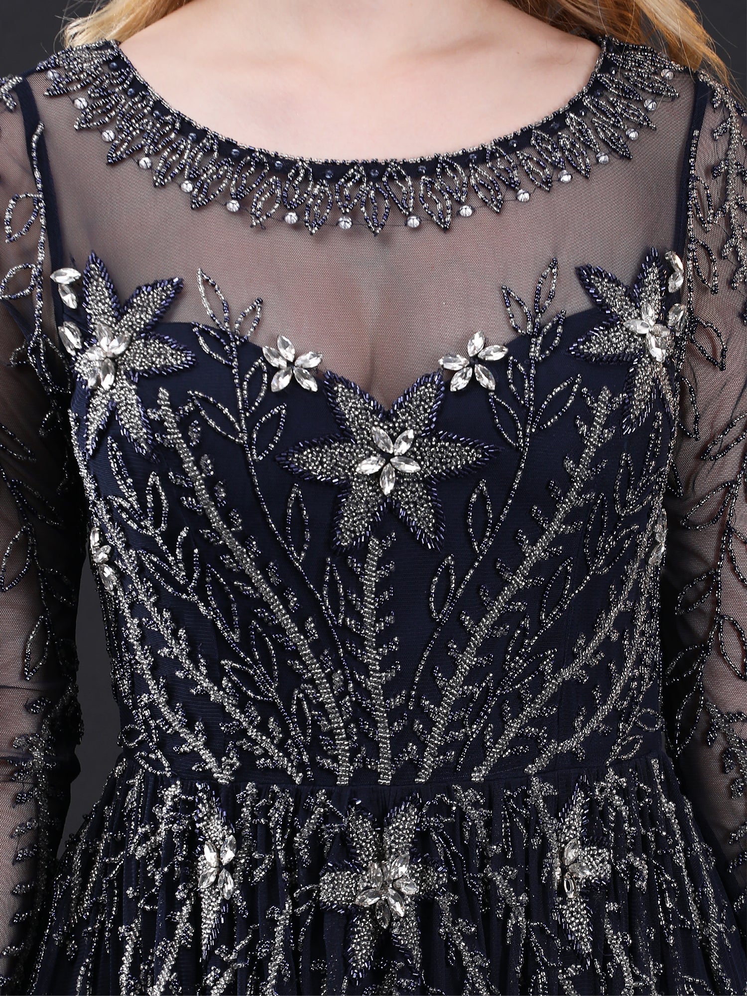 Sophisticated Navy Blue Enchantress Stardust Gown Beads Stones
