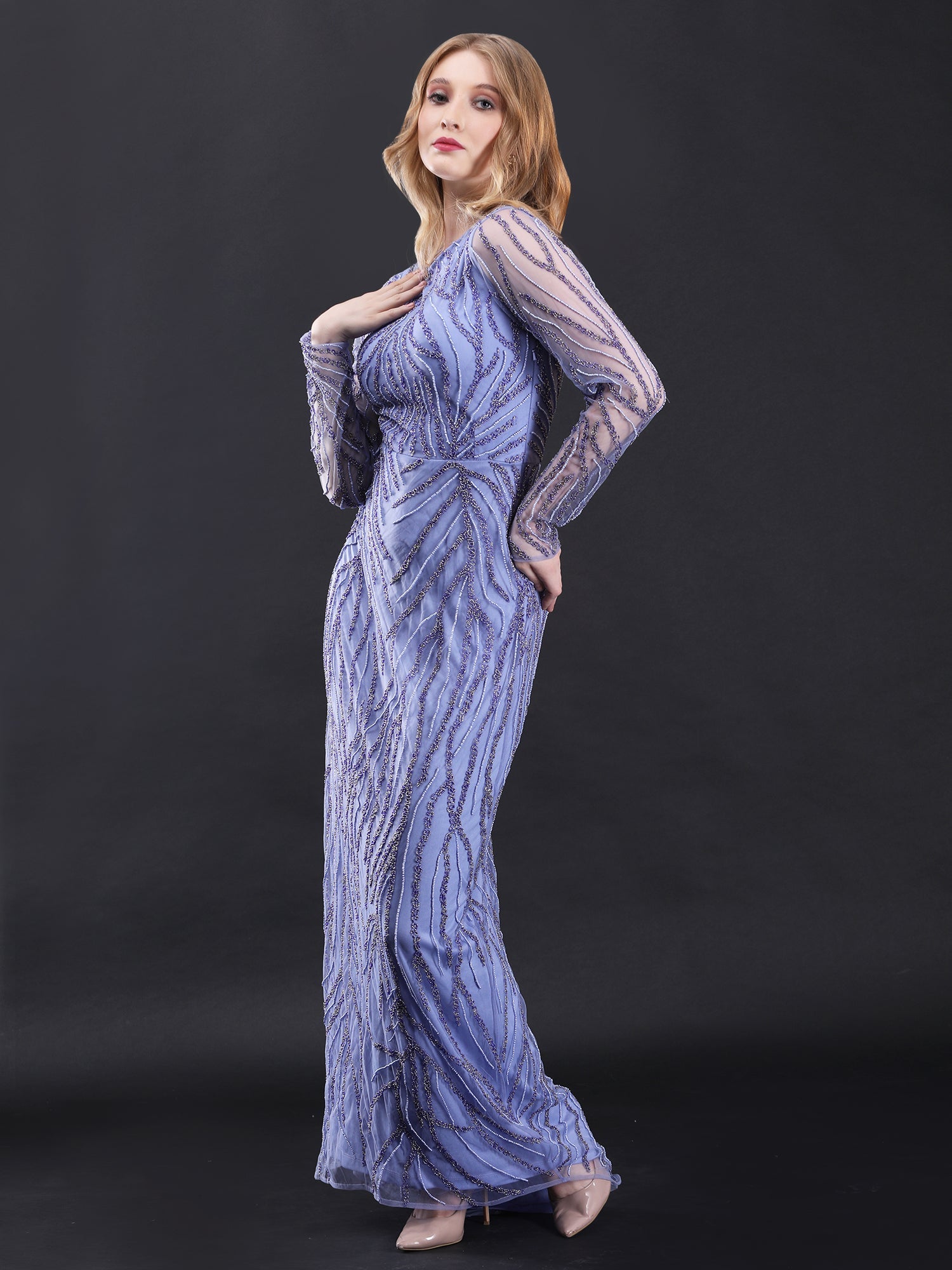 Breathtaking Blue Siren Beaded Gown Boat Neck Fitted Bodice