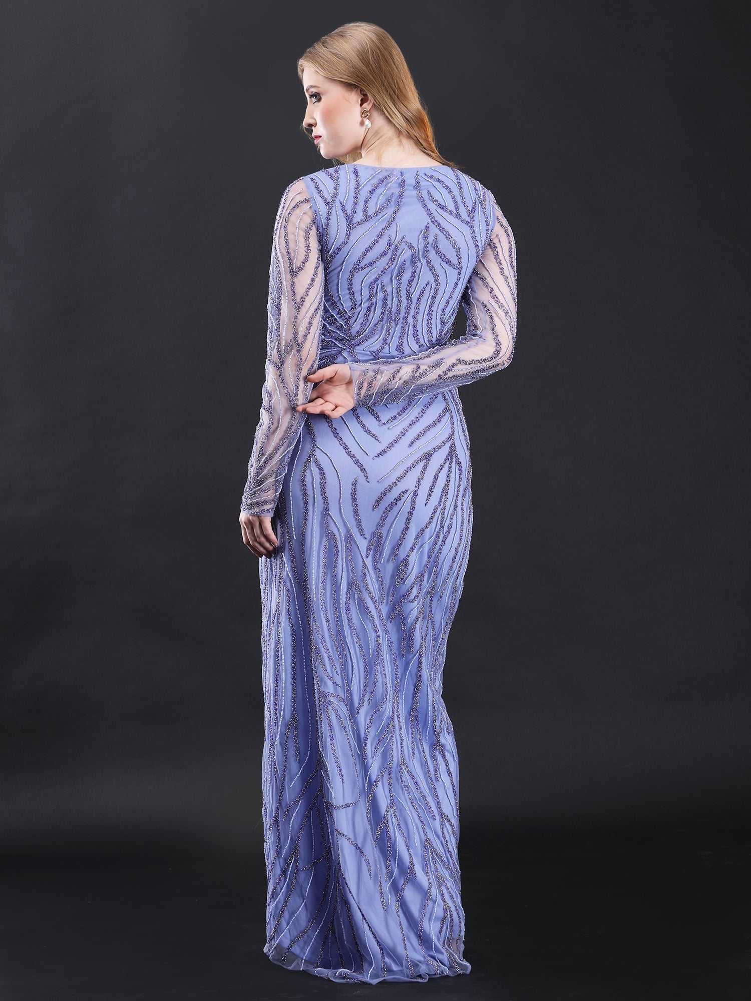 Breathtaking Blue Siren Beaded Gown Boat Neck Fitted Bodice