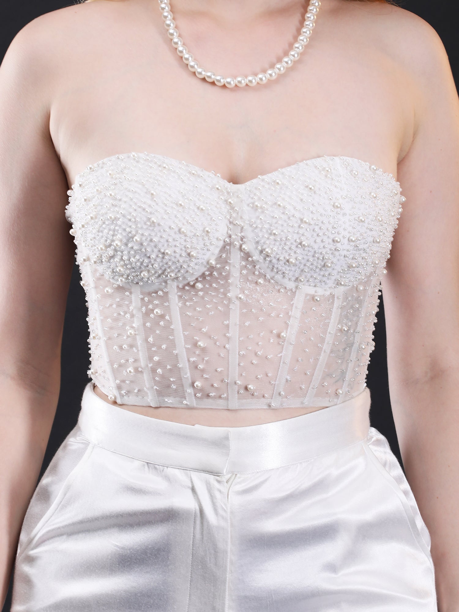 Opulent White Lycra Satin Pearl Elegance Coat Pant Mesh Corset Set